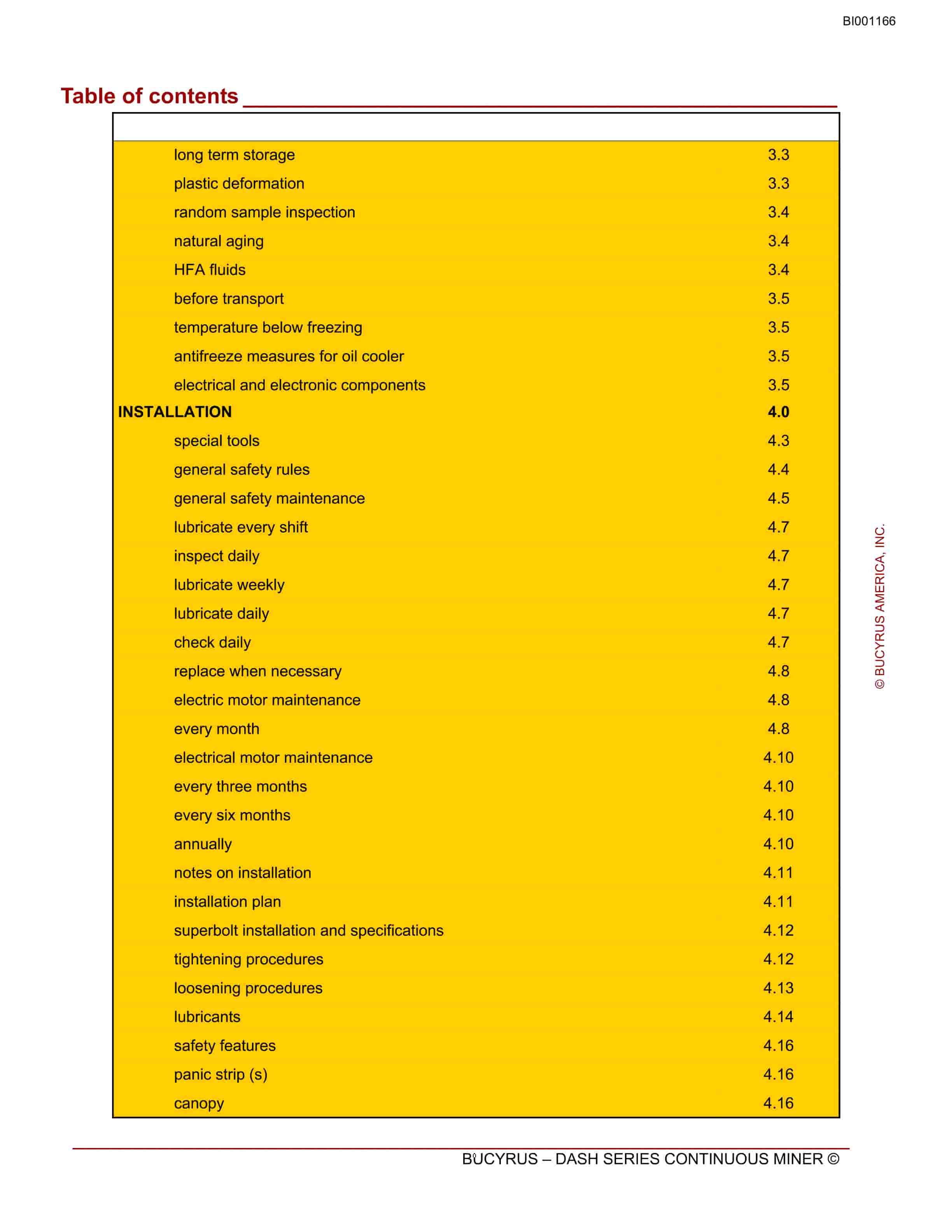 Bucyrus Continuous Miner Spare Parts List BI001166-3