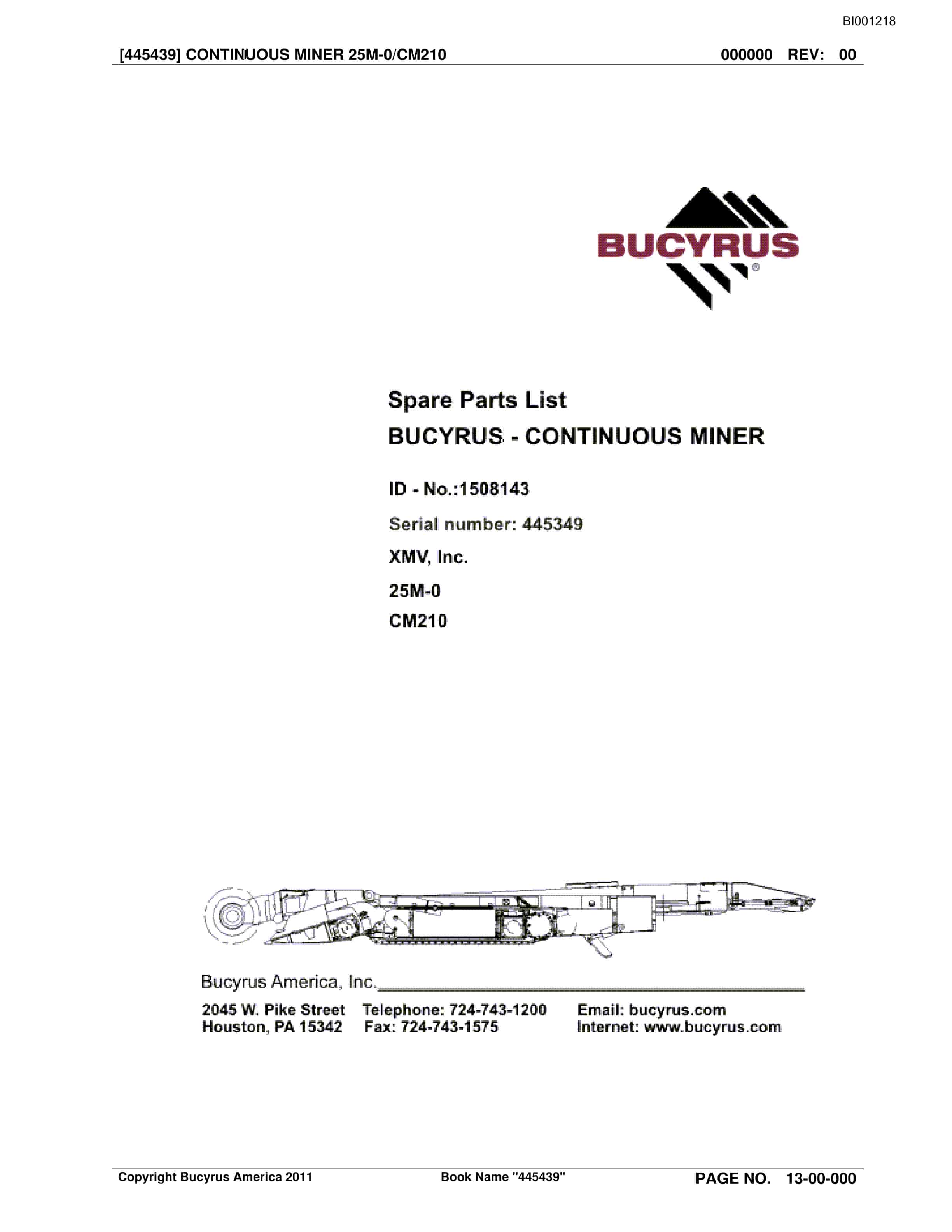 Bucyrus Continuous Miner Spare Parts List BI001218