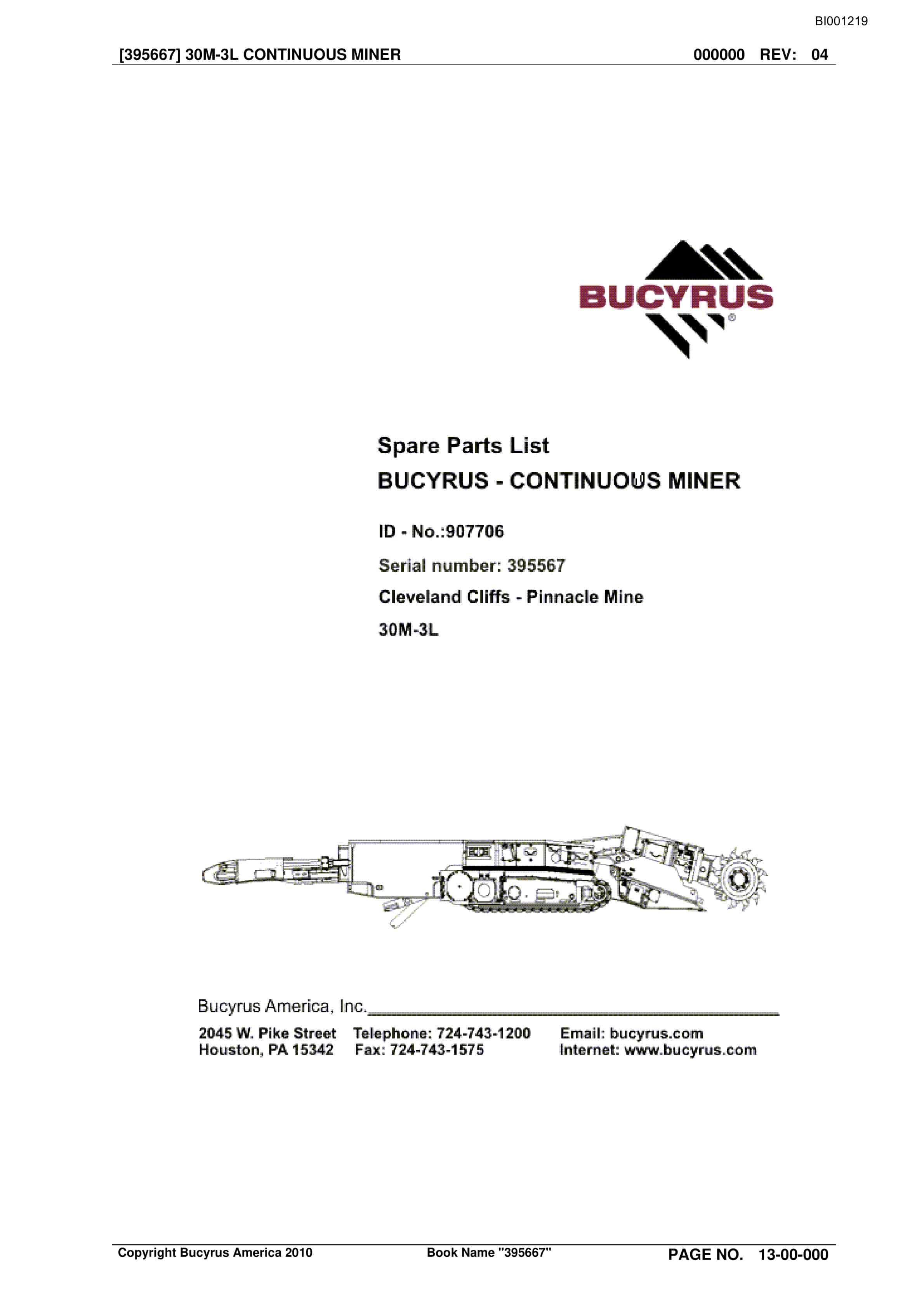 Bucyrus Continuous Miner Spare Parts List BI001219