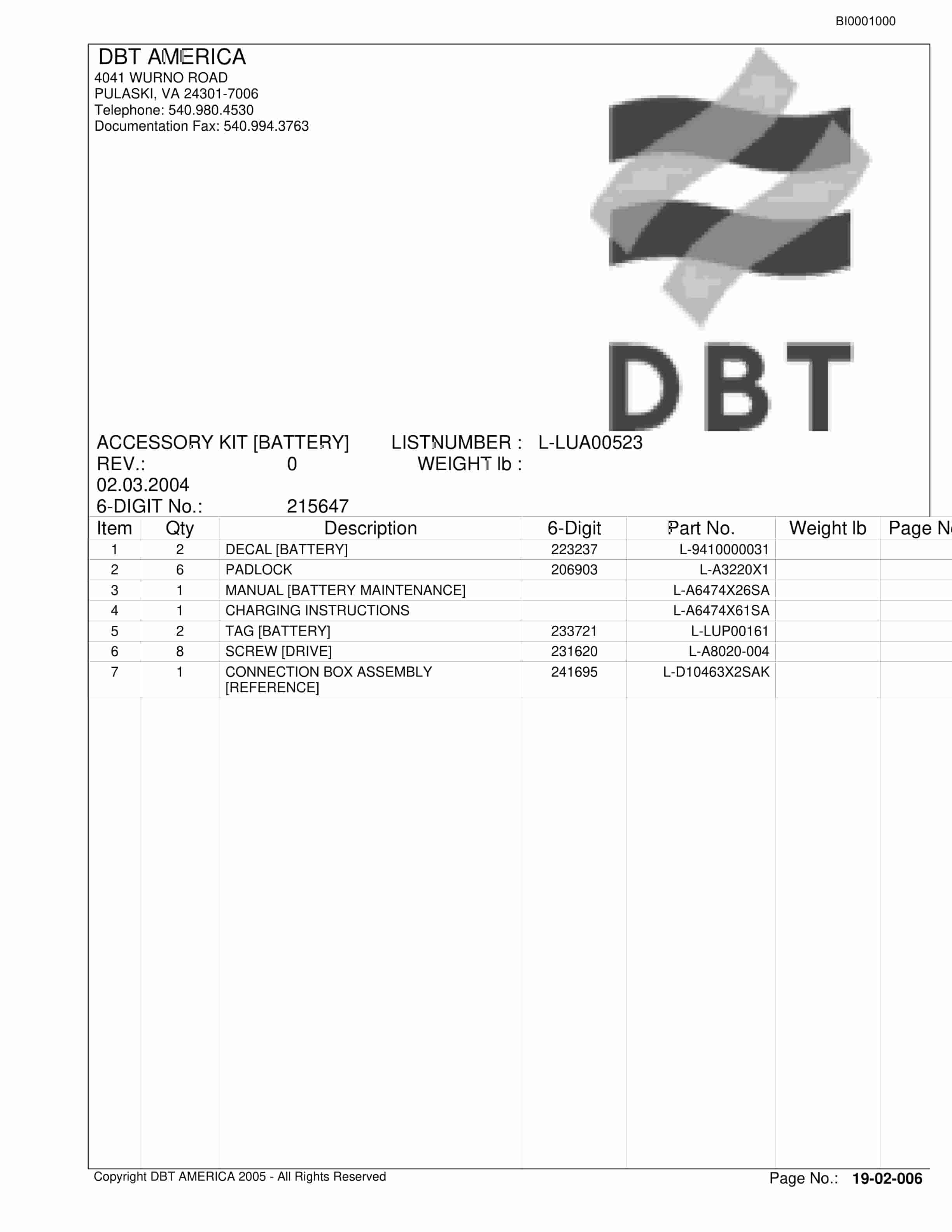 Bucyrus DBT AFRICA PTY LTD Parts Catalog BI001000-2