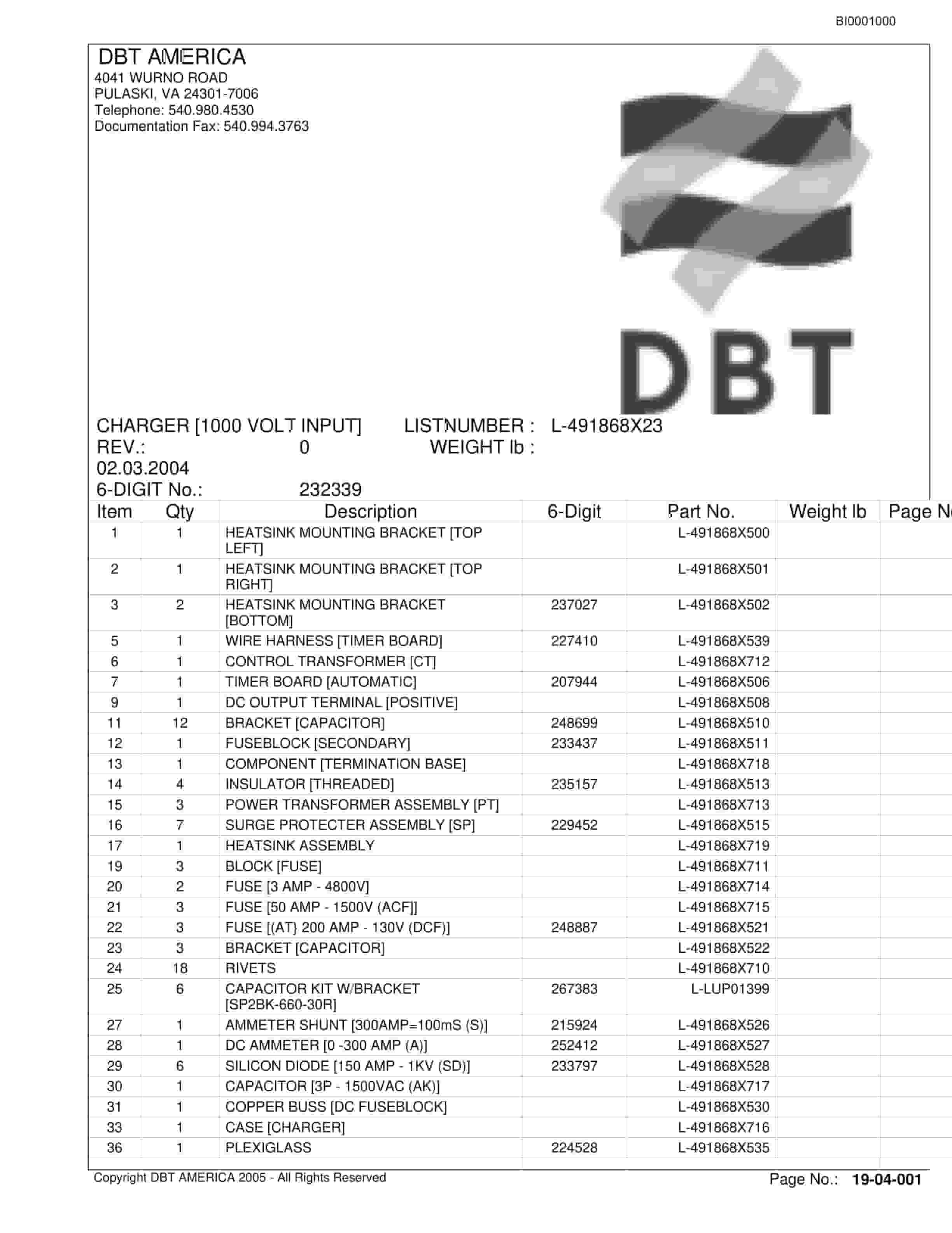 Bucyrus DBT AFRICA PTY LTD Parts Catalog BI001000-5