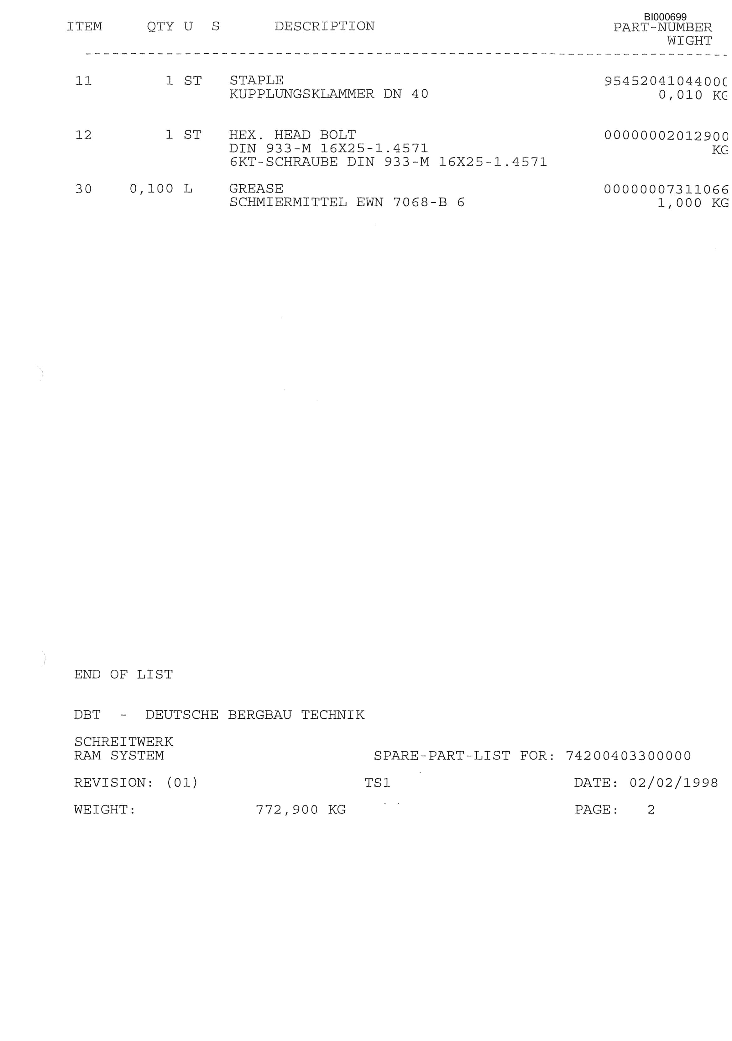 Bucyrus DBT - Shield Mimosa Parts Catalog BI000699-2