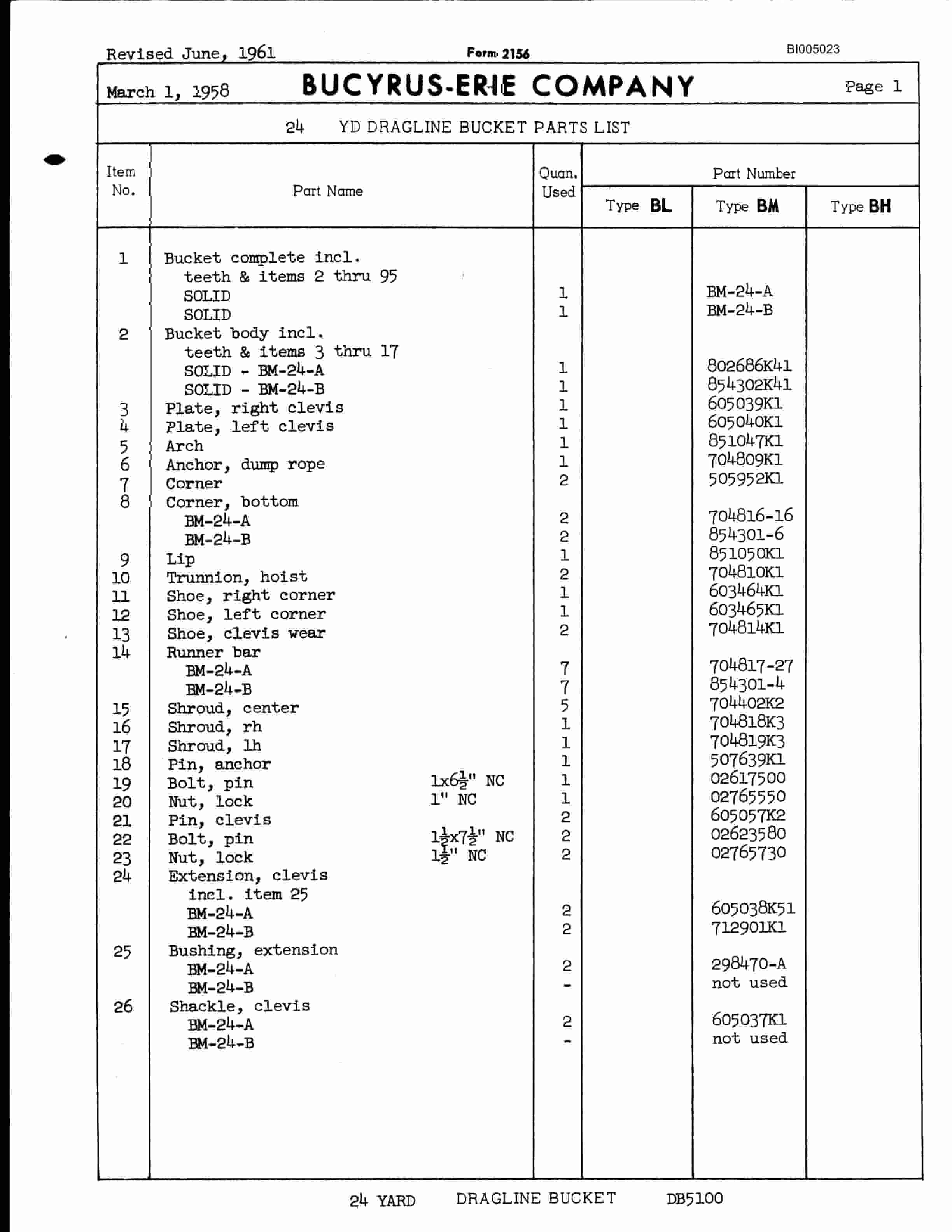 Bucyrus Dragline Bucket Parts Catalog BI005023-4