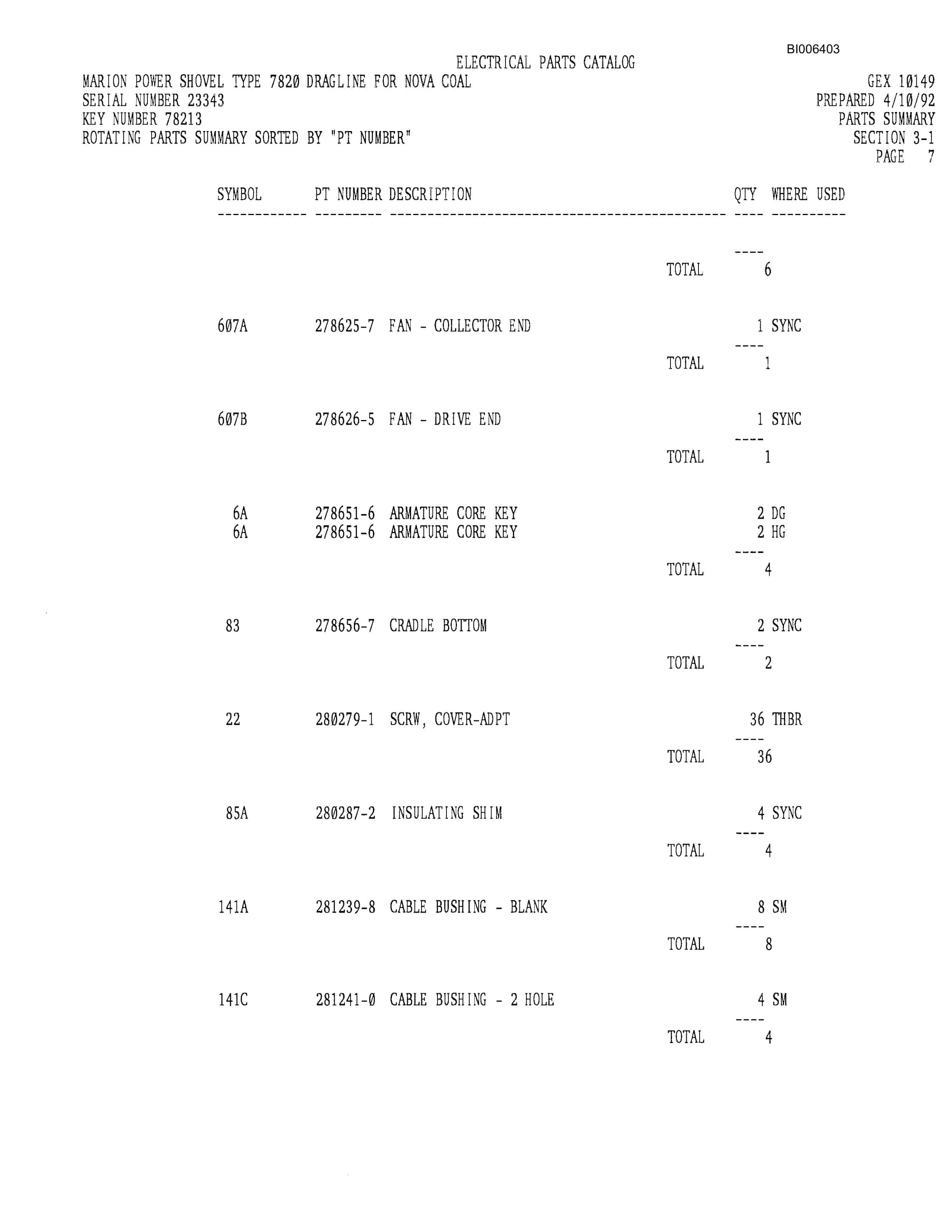 Bucyrus Dresser 7820 Dragline Parts Catalog BI006403-2