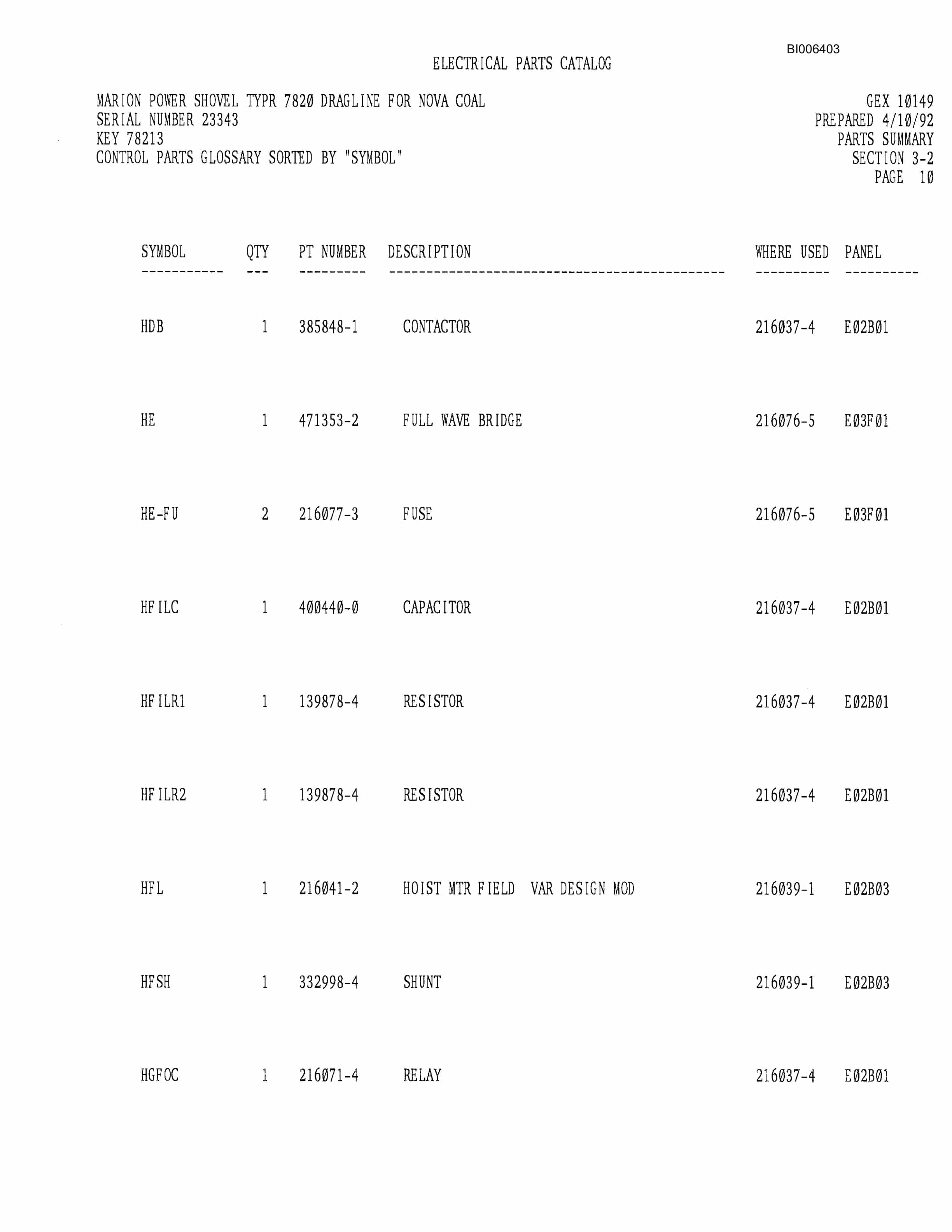 Bucyrus Dresser 7820 Dragline Parts Catalog BI006403-3