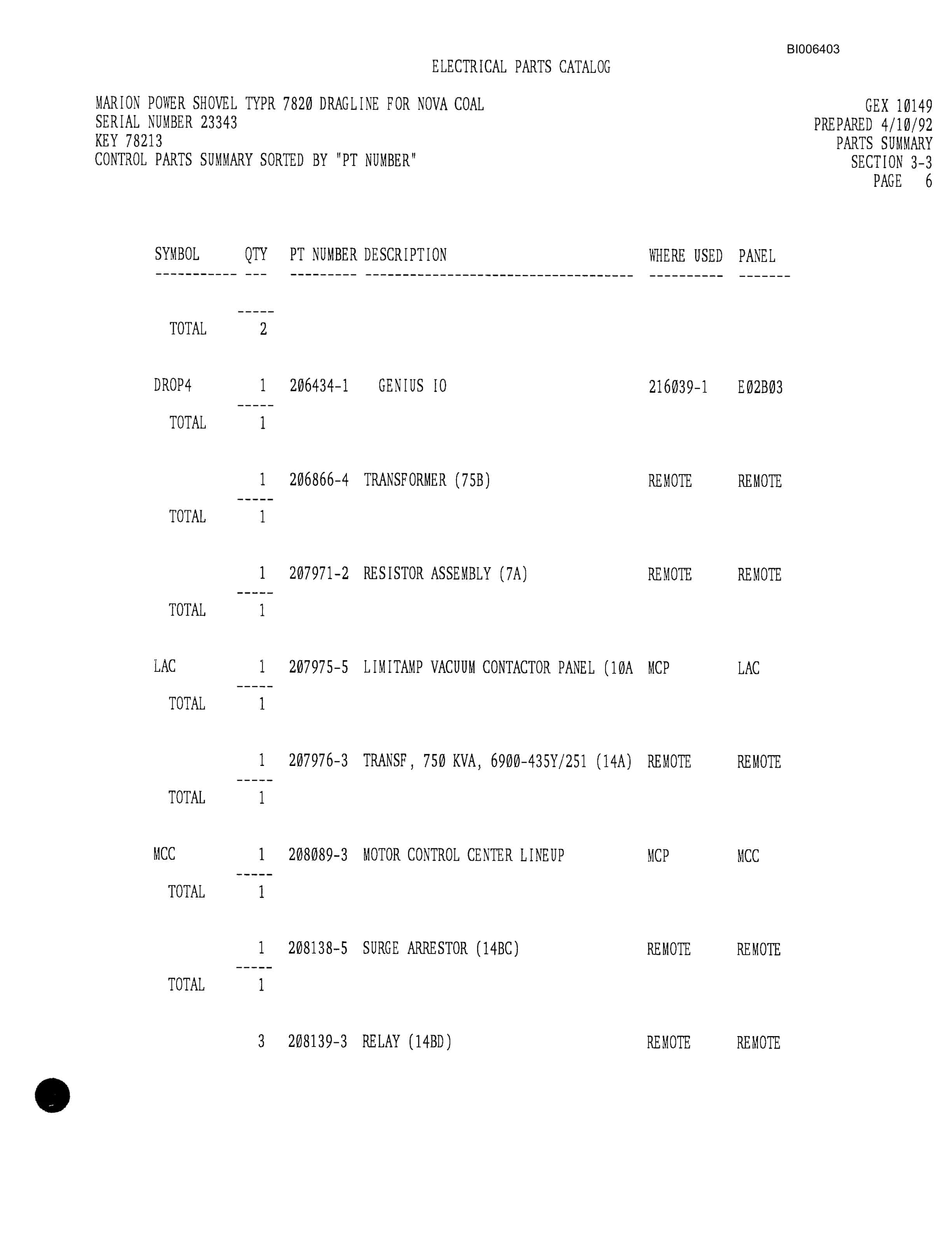 Bucyrus Dresser 7820 Dragline Parts Catalog BI006403-4