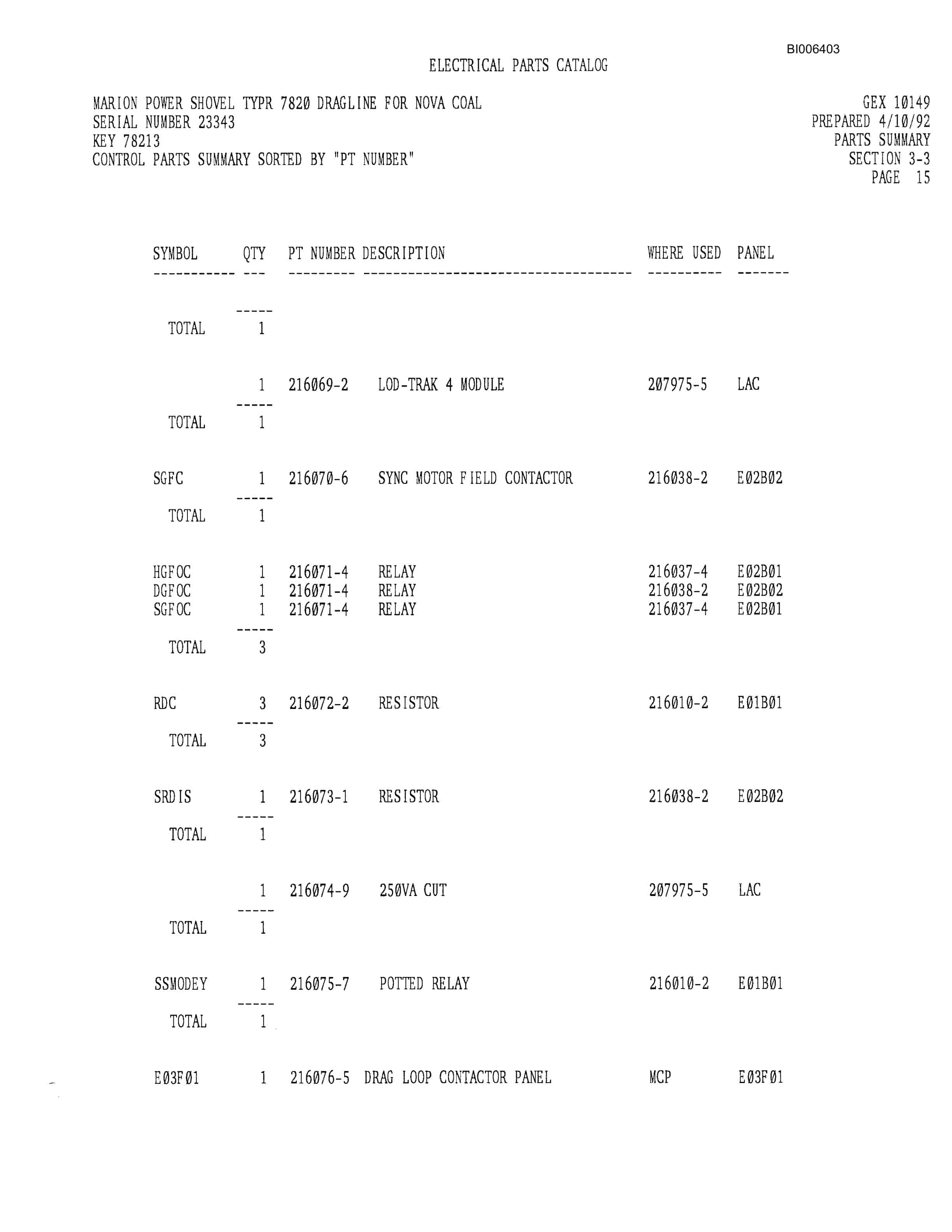 Bucyrus Dresser 7820 Dragline Parts Catalog BI006403-5
