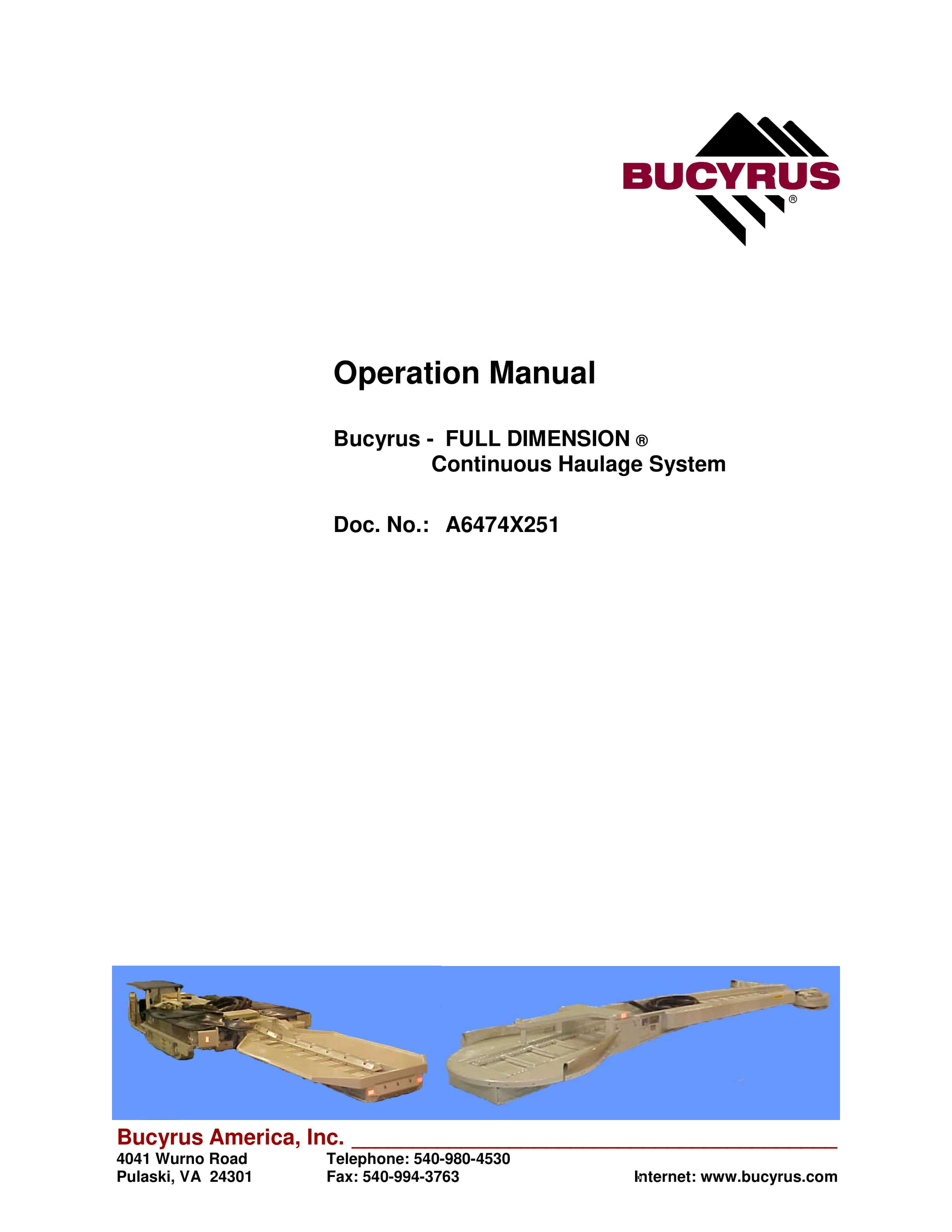 Bucyrus Full Dimension Continuous Haulage System Operation Manual A6474X251