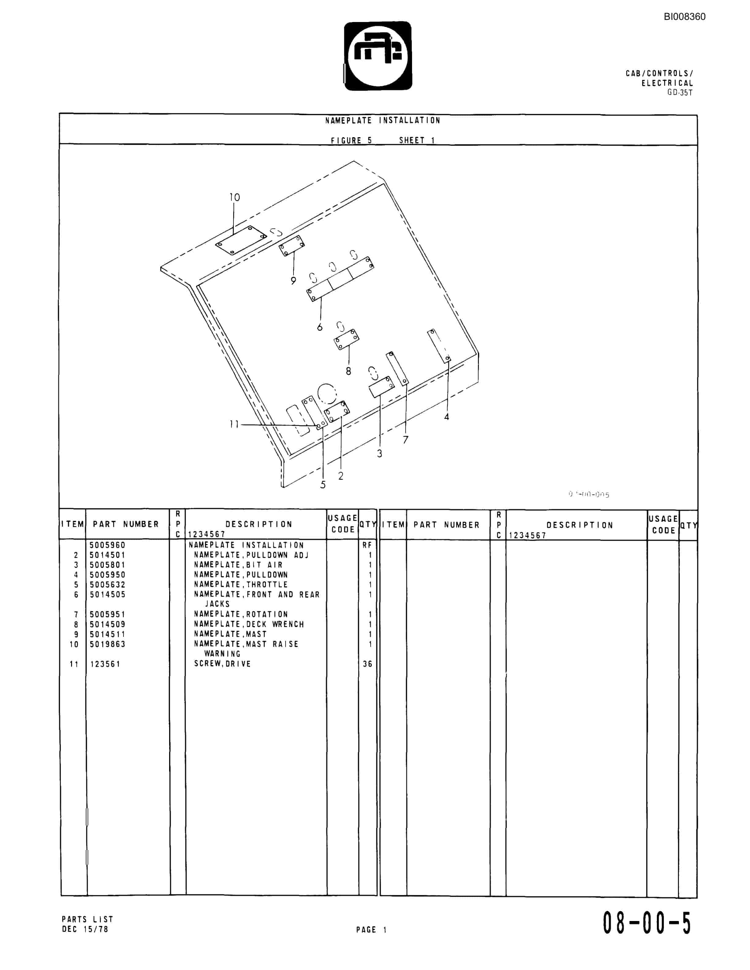 Bucyrus GD-35T Parts Catalog BI008360-3