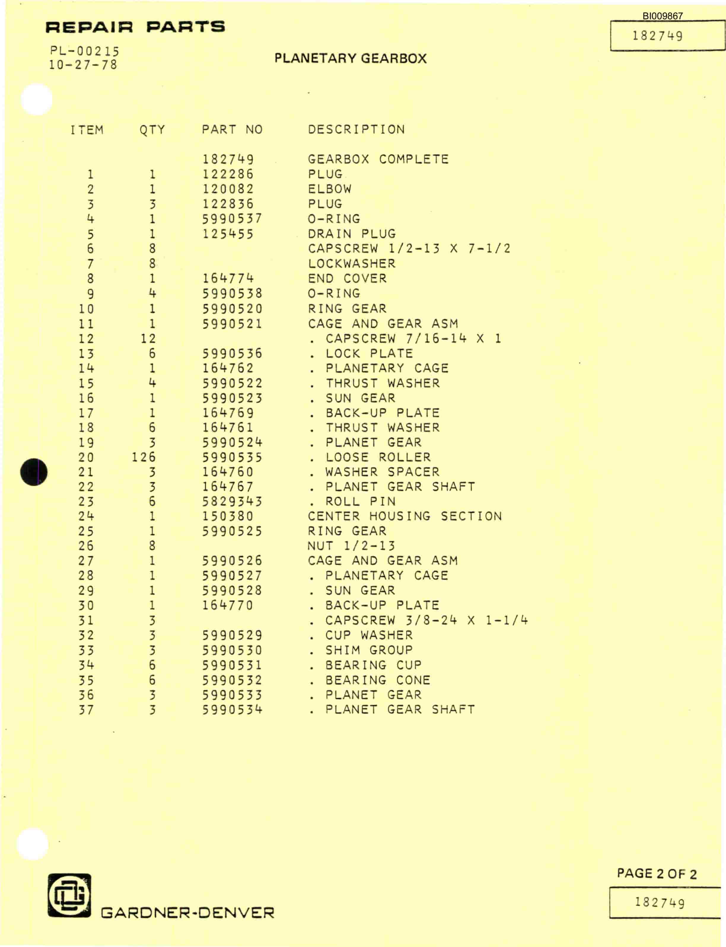 Bucyrus GD35T Parts Catalog BI009867-3