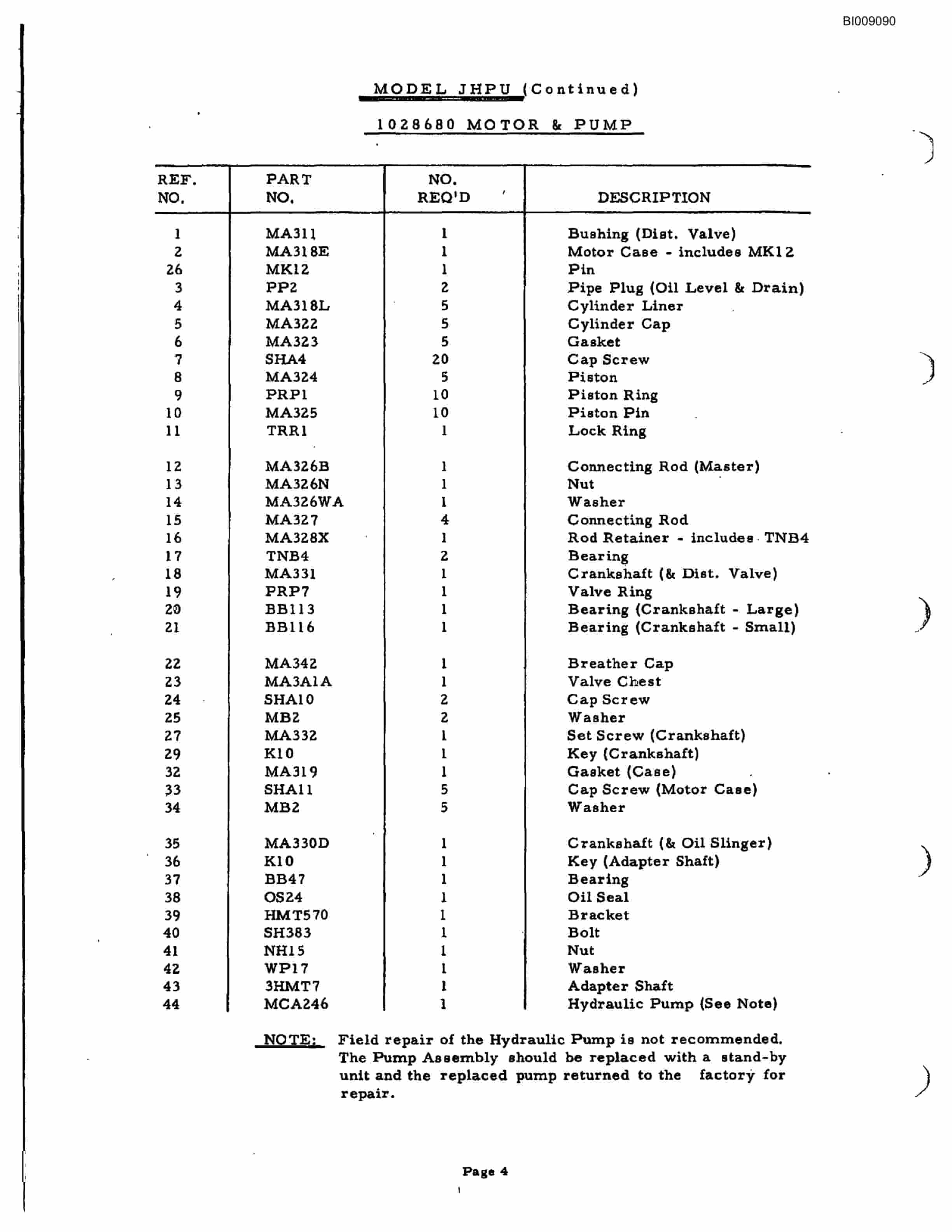 Bucyrus JB-304 Parts Catalog BI009090-5