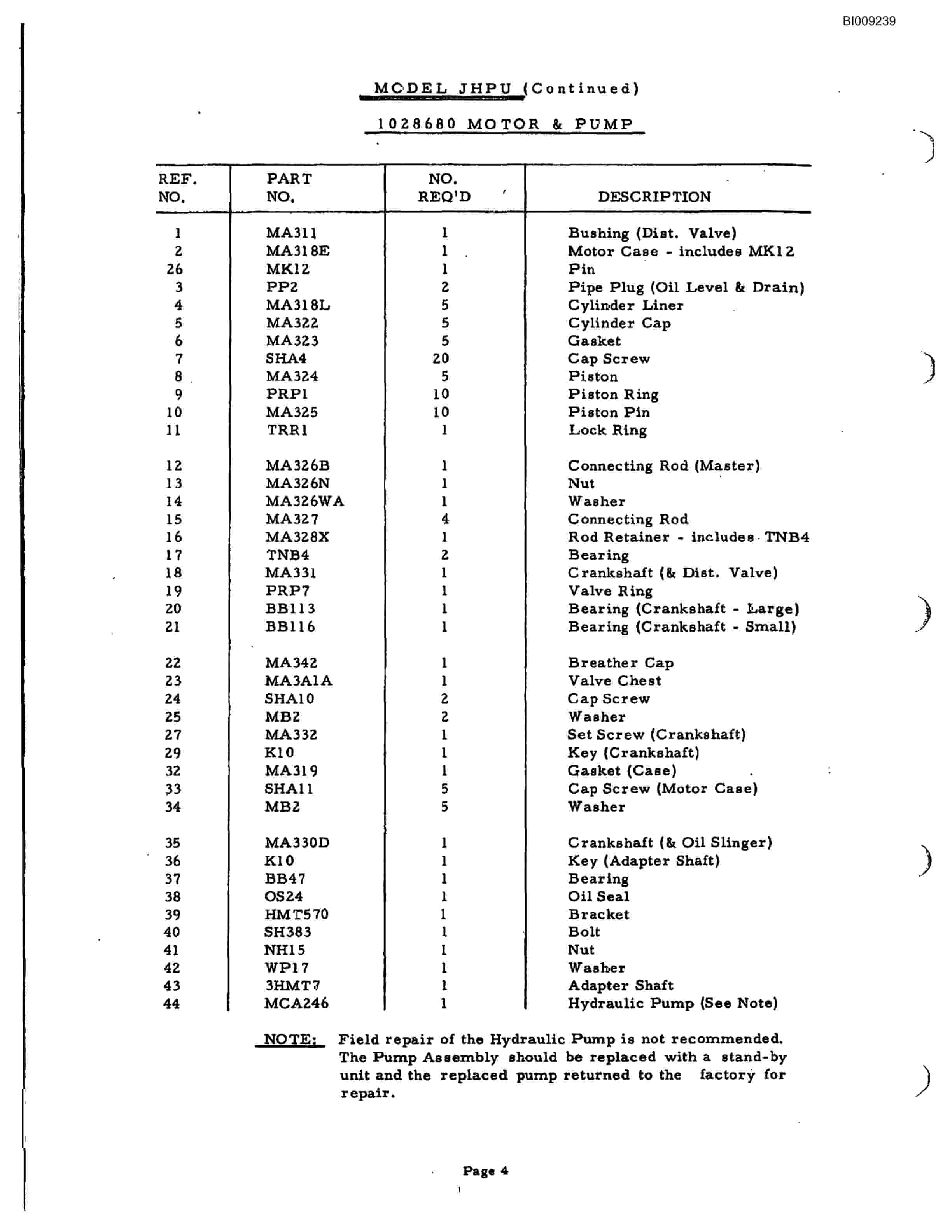 Bucyrus JB-341 Parts Catalog BI009239-3