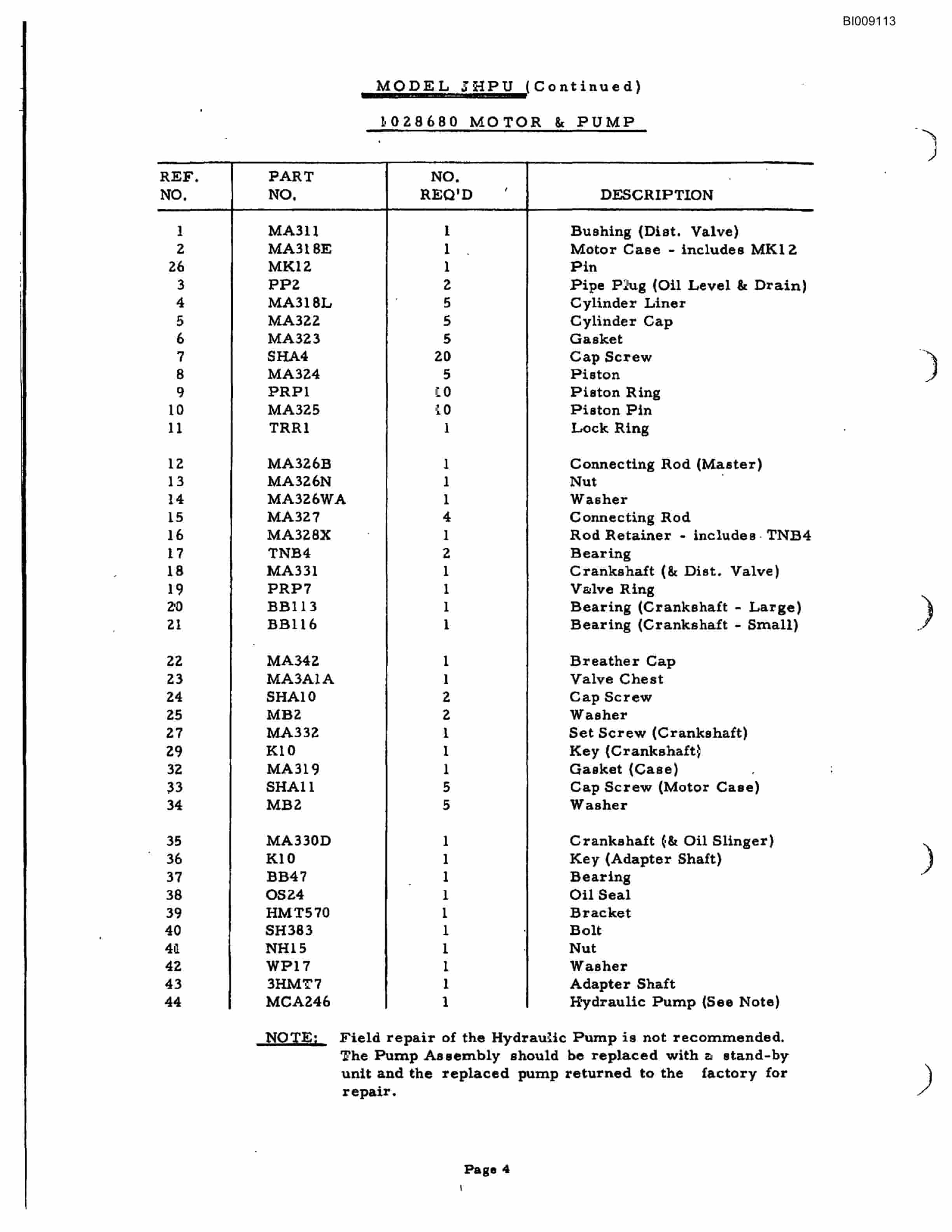 Bucyrus JB-454 Parts Catalog BI009113-5