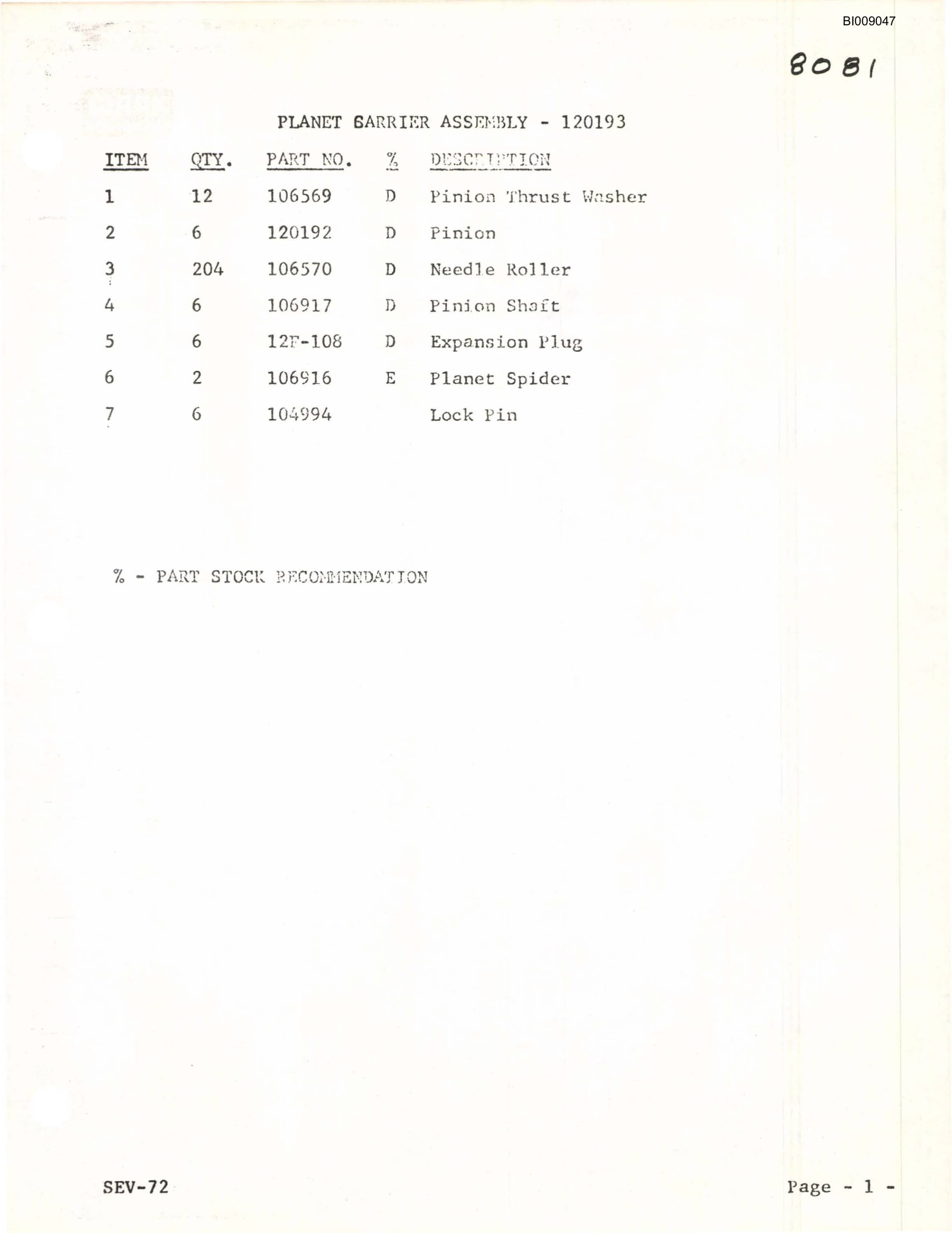 Bucyrus JB-537 Parts Catalog BI009047-2