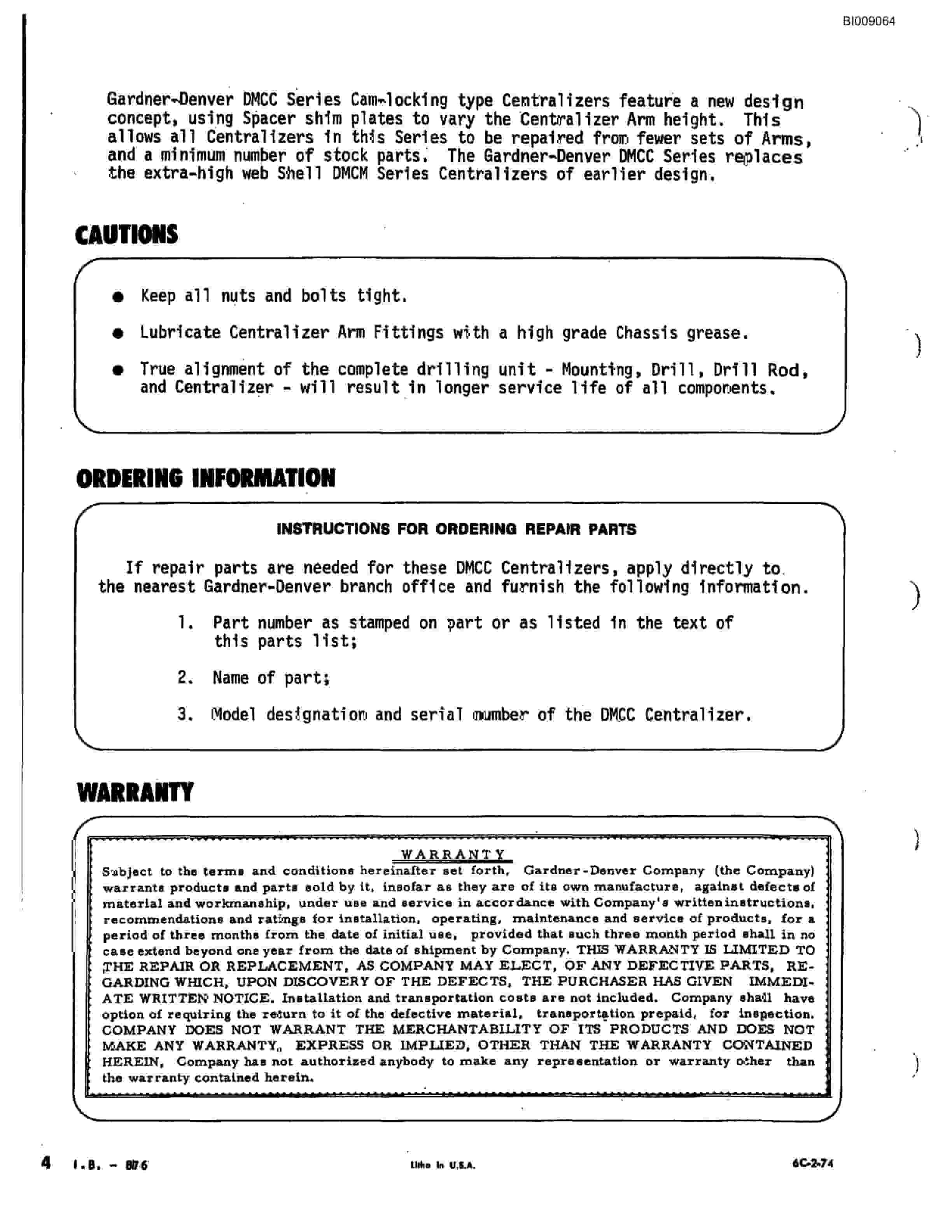 Bucyrus JB-644 Parts Catalog BI009064-4