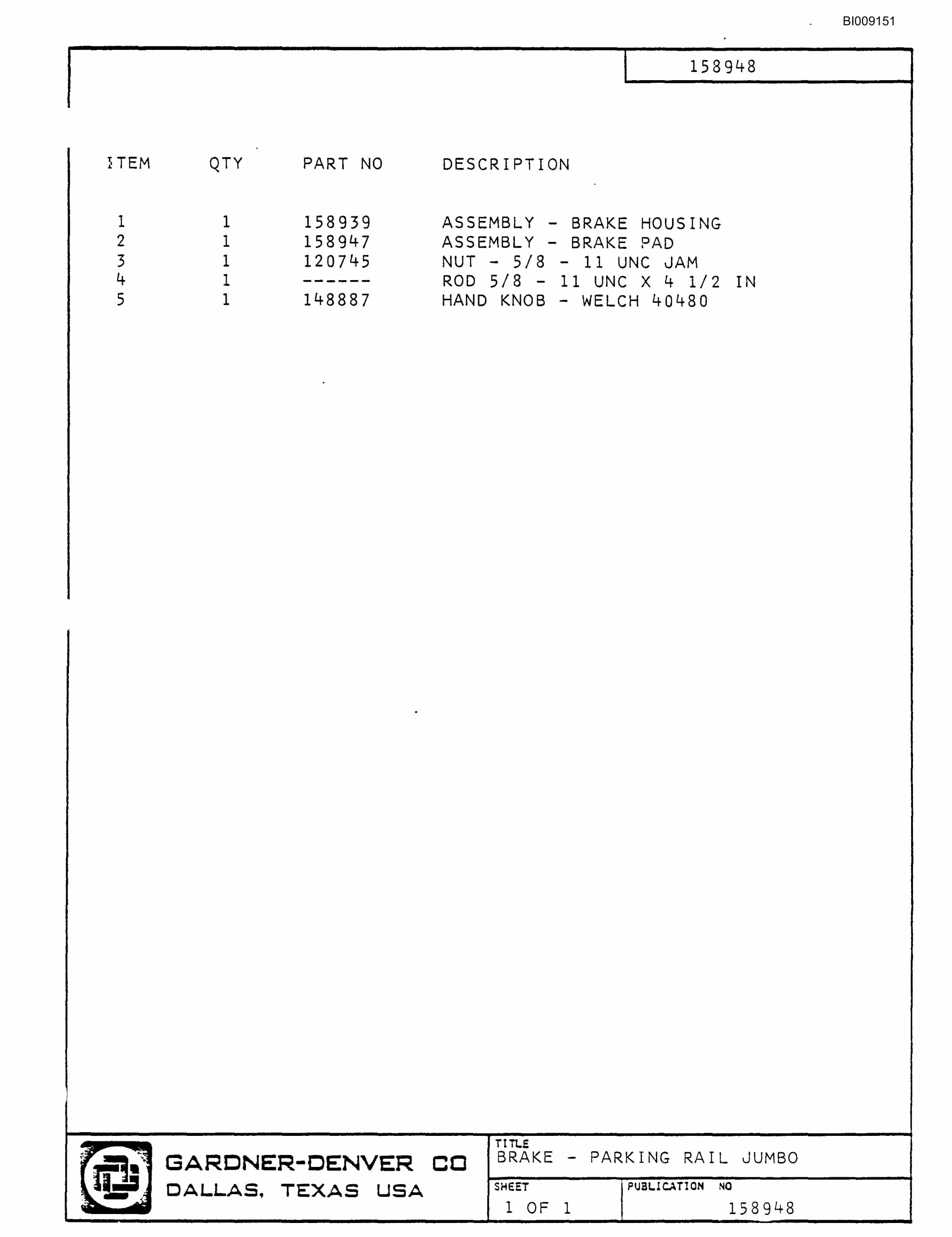 Bucyrus JB-738 Parts Catalog BI009151-2