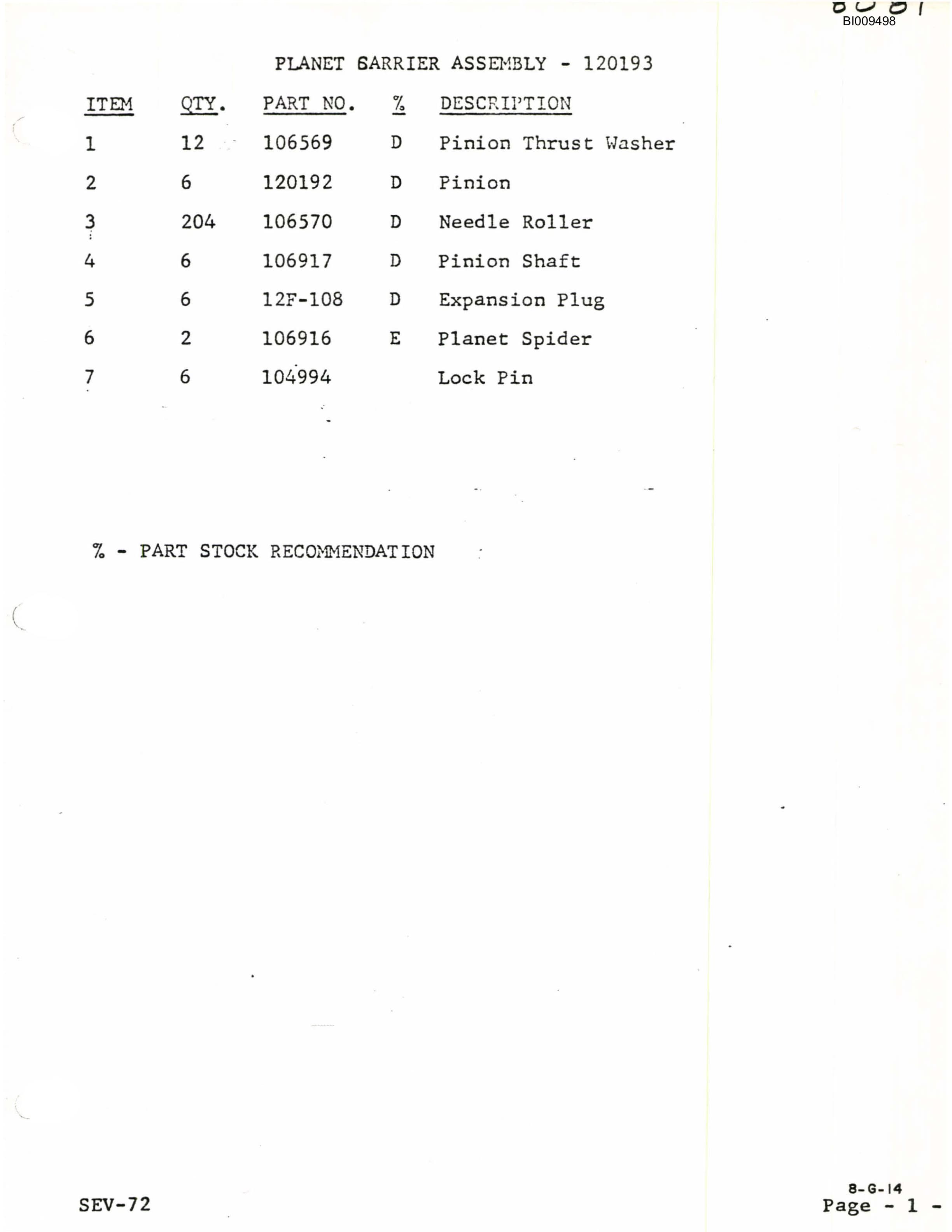 Bucyrus JB-750 Parts Catalog BI009498-3