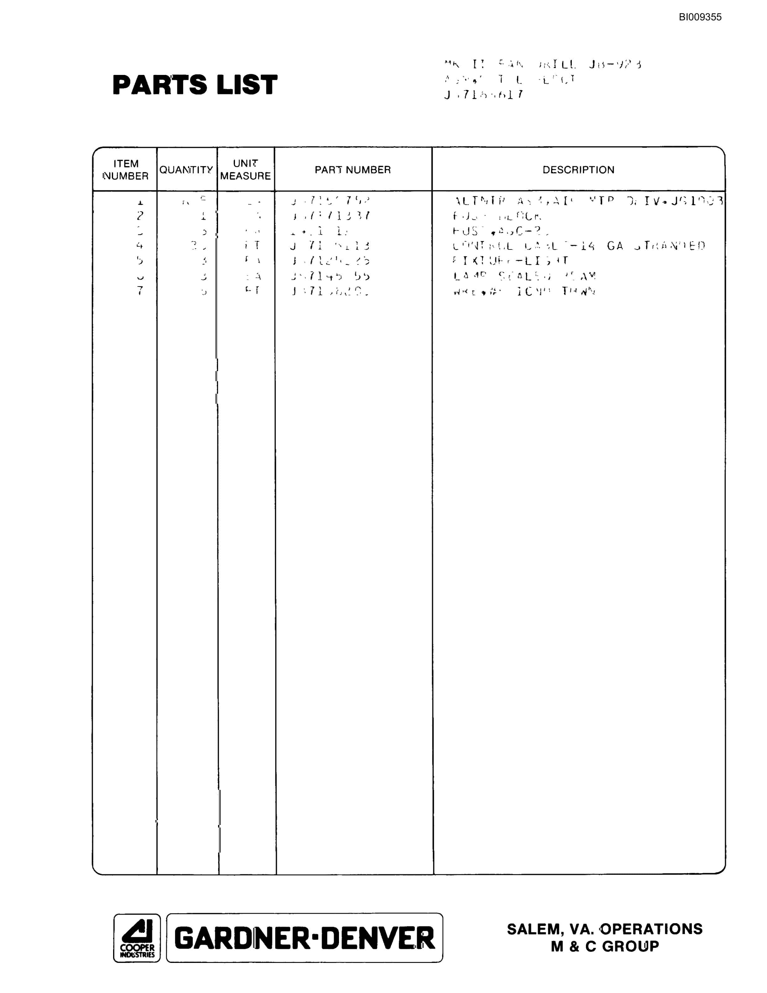 Bucyrus JB-923 Parts Catalog BI009355-2