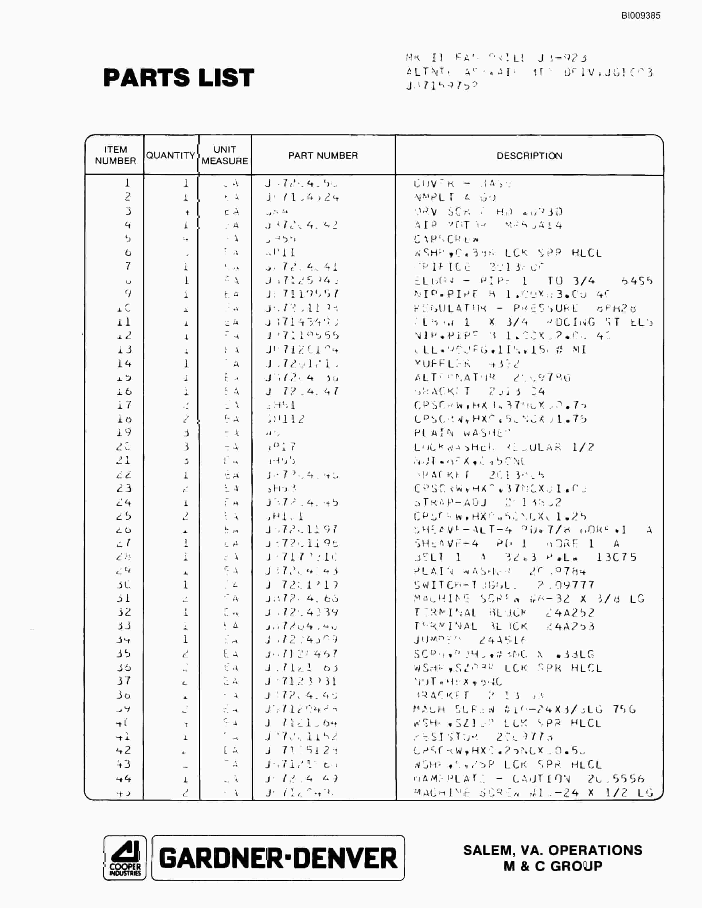 Bucyrus JB-923 Parts Catalog BI009385-2