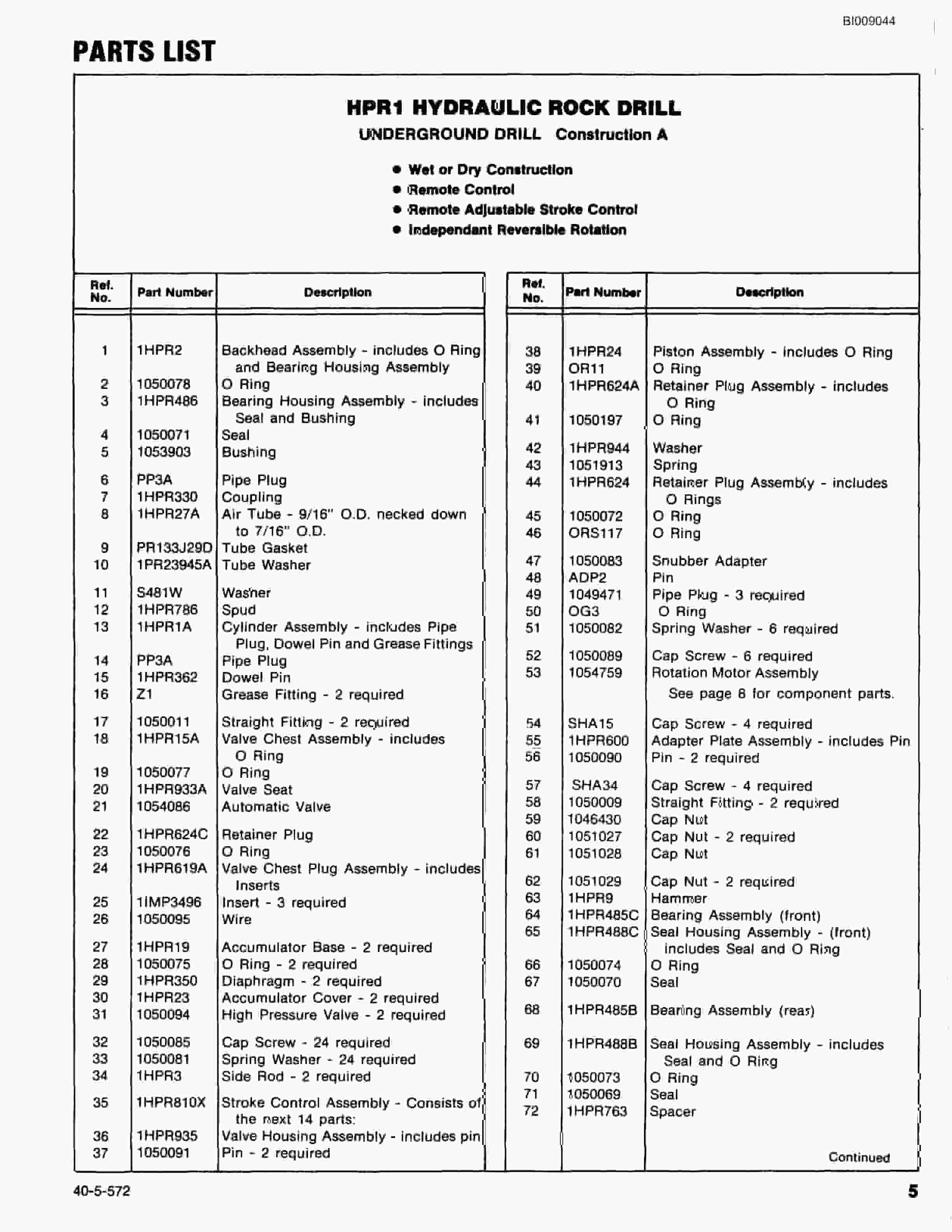Bucyrus JB-940, JB-941 Parts Catalog BI009044-3