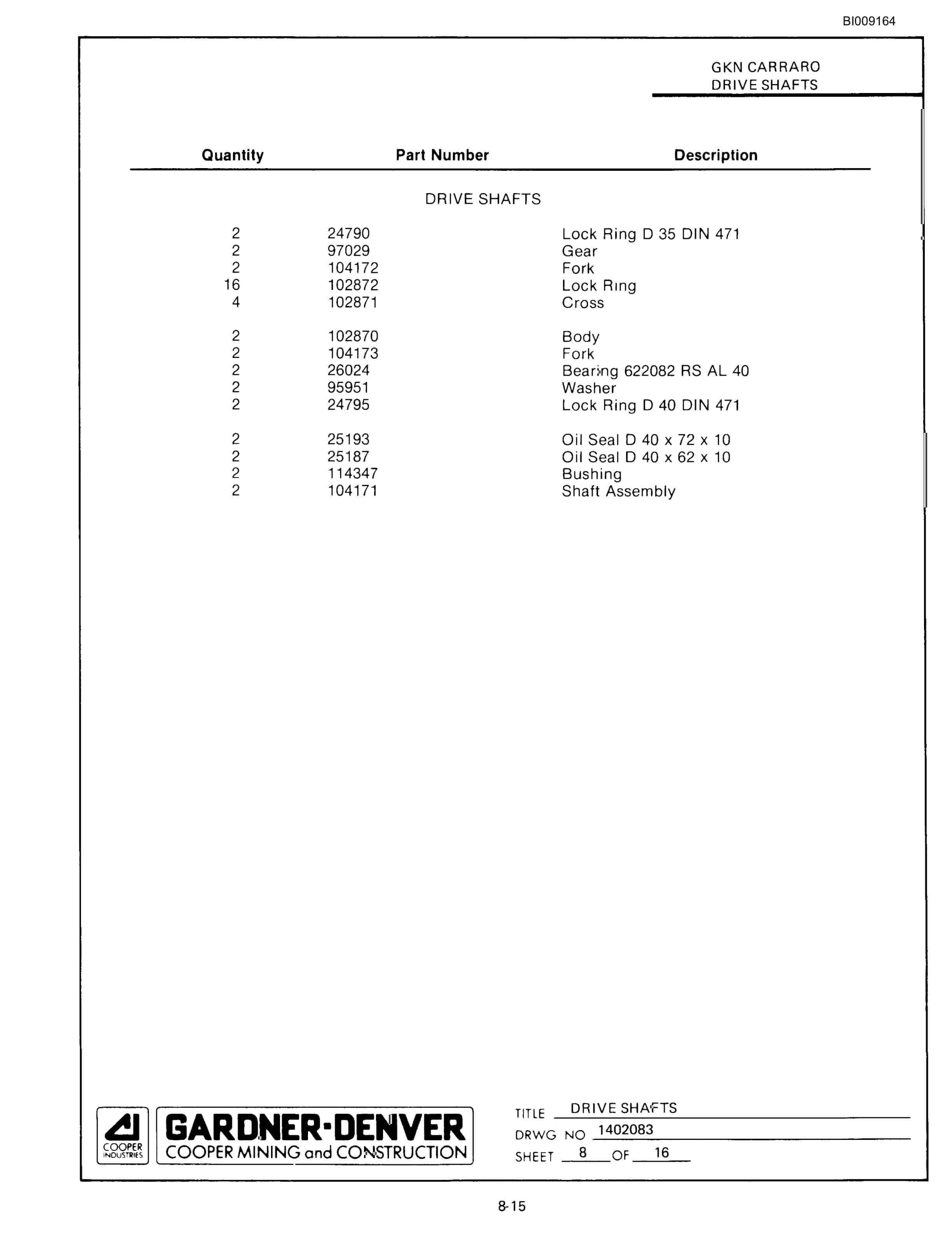 Bucyrus JB-987, JB-1028 Parts Catalog BI009164-5
