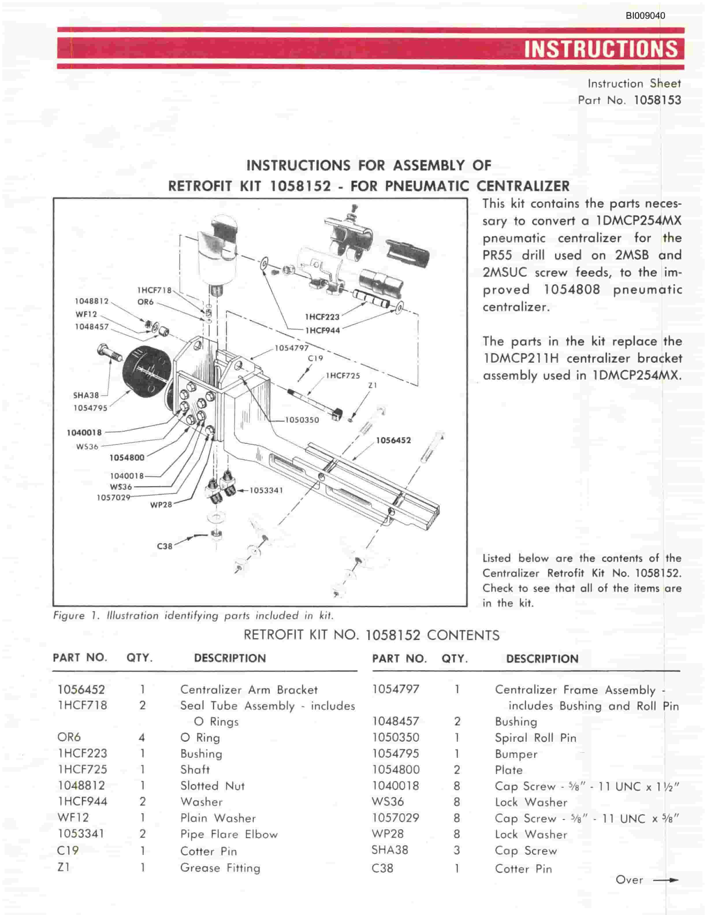 Bucyrus JB939 Air Mini Bore Parts Catalog BI009040-5