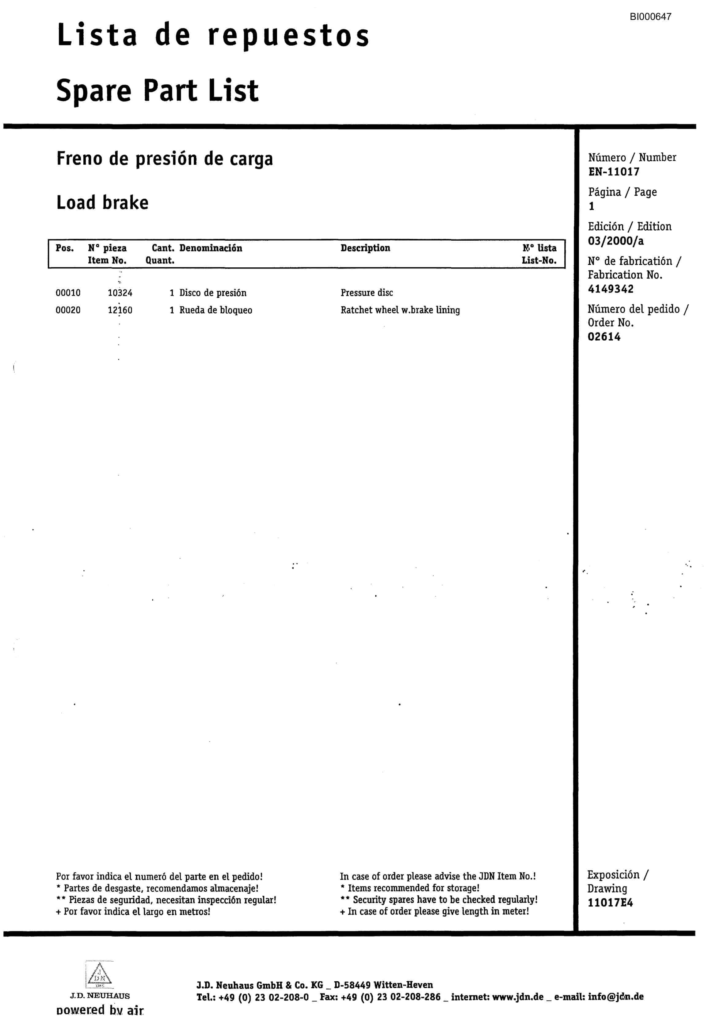 Bucyrus JDN - Ratchet Hoist WITT 1T Parts Catalog BI000647-2
