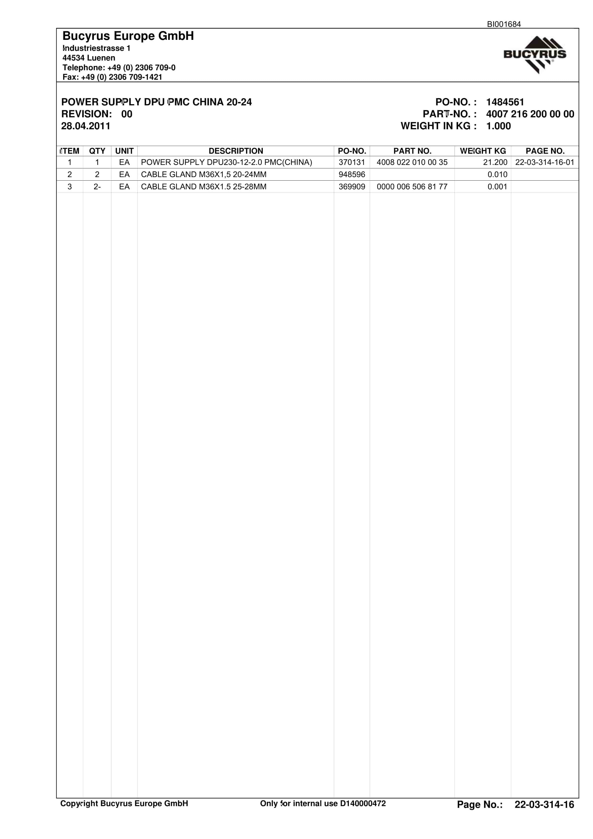 Bucyrus LTCC Conveyor System Xiegou II Parts Catalog BI001684-5