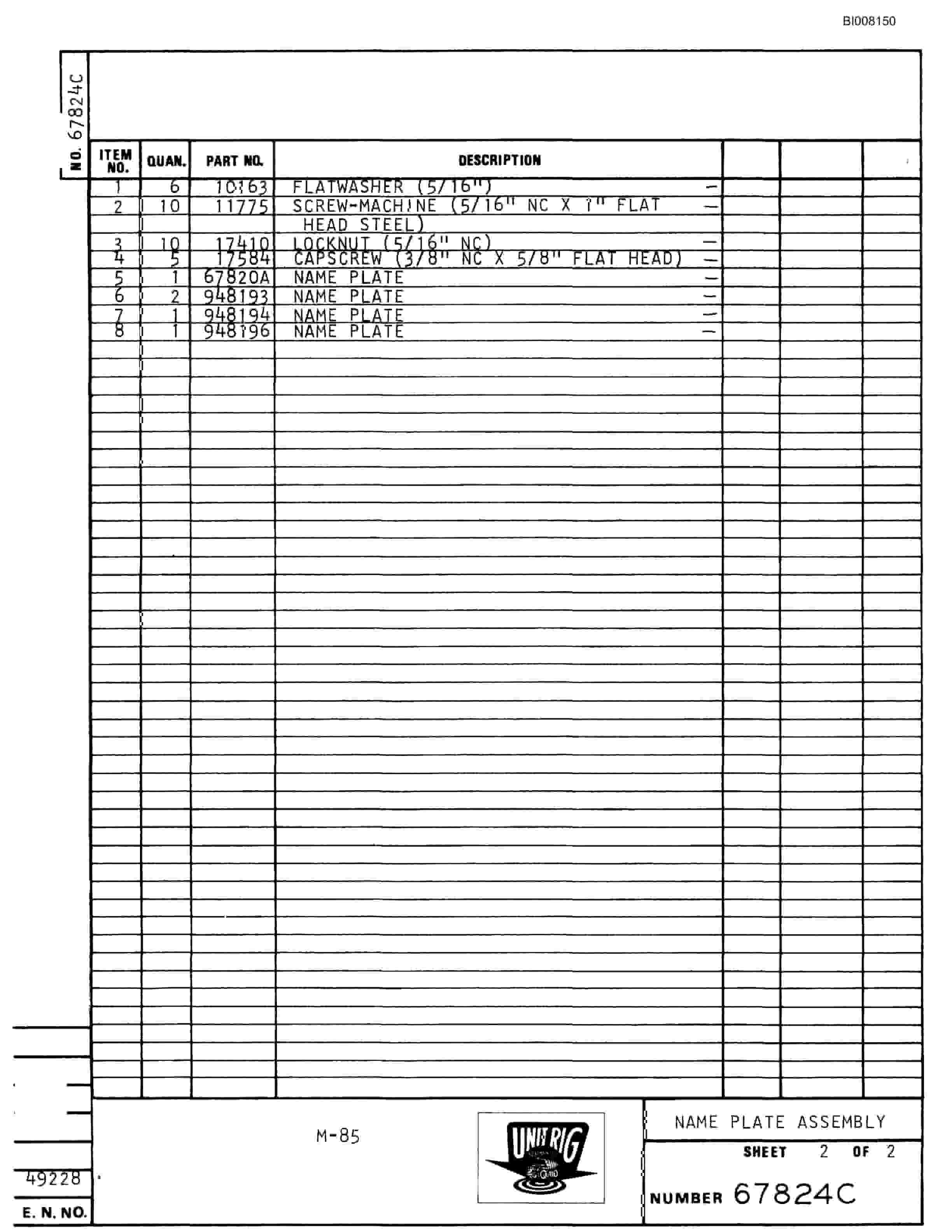 Bucyrus M-85 Assembly Parts Catalog BI008150-2