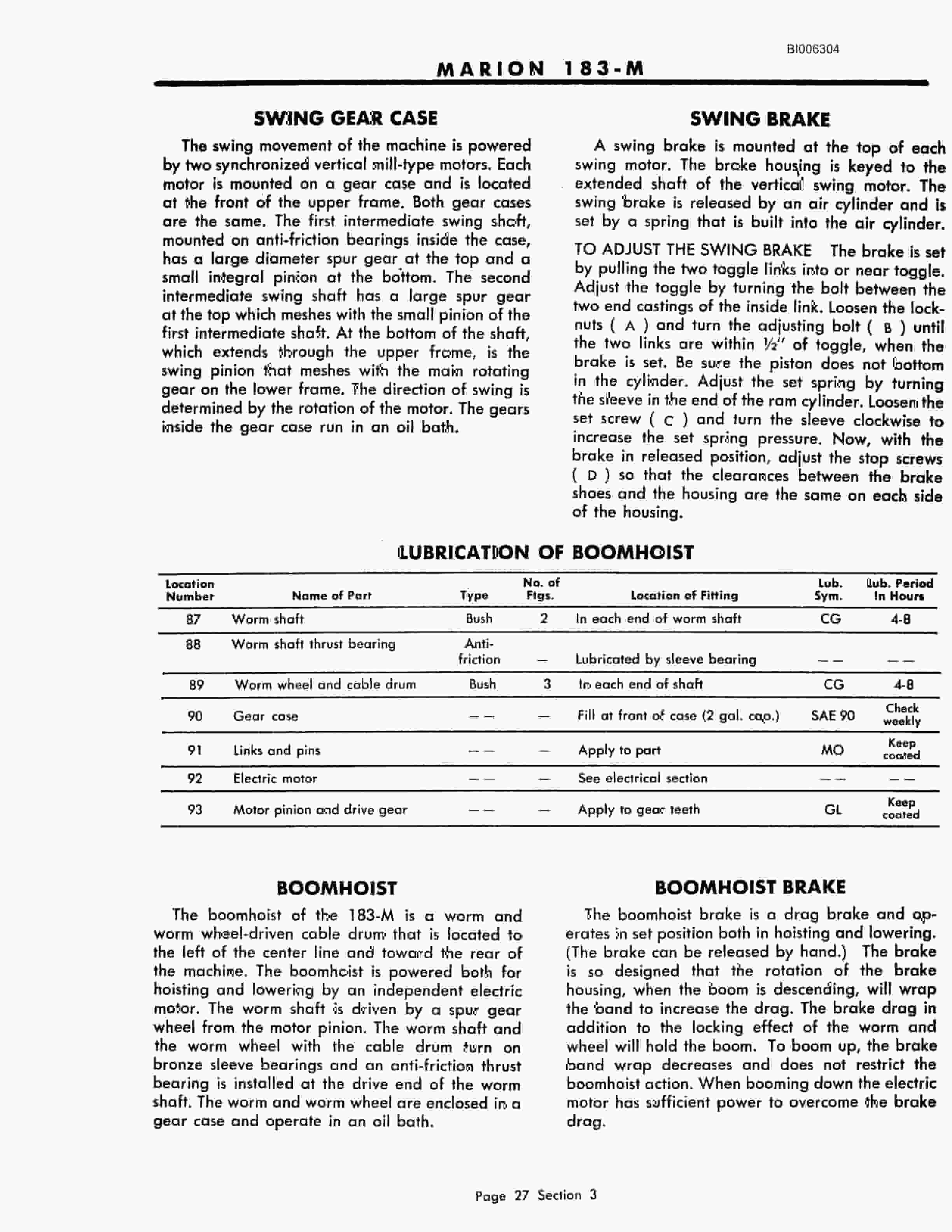 Bucyrus Marion 183-M Technical Manual BI006304-3
