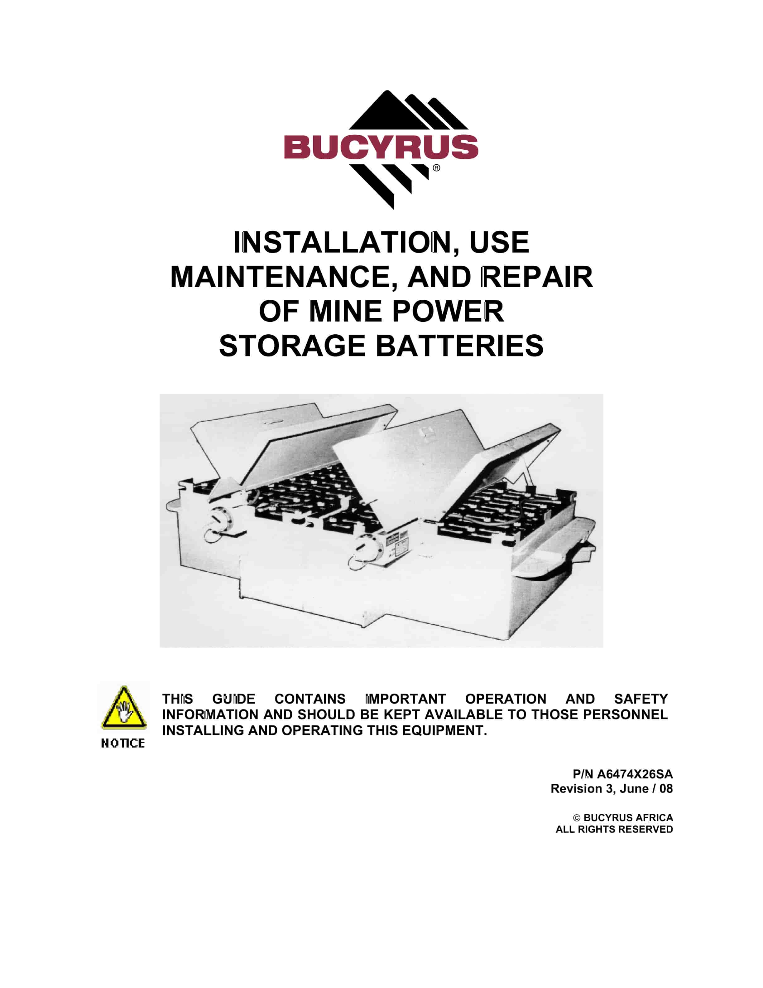 Bucyrus Mine Power Storage Batteries Operation Manual A6474X26SA