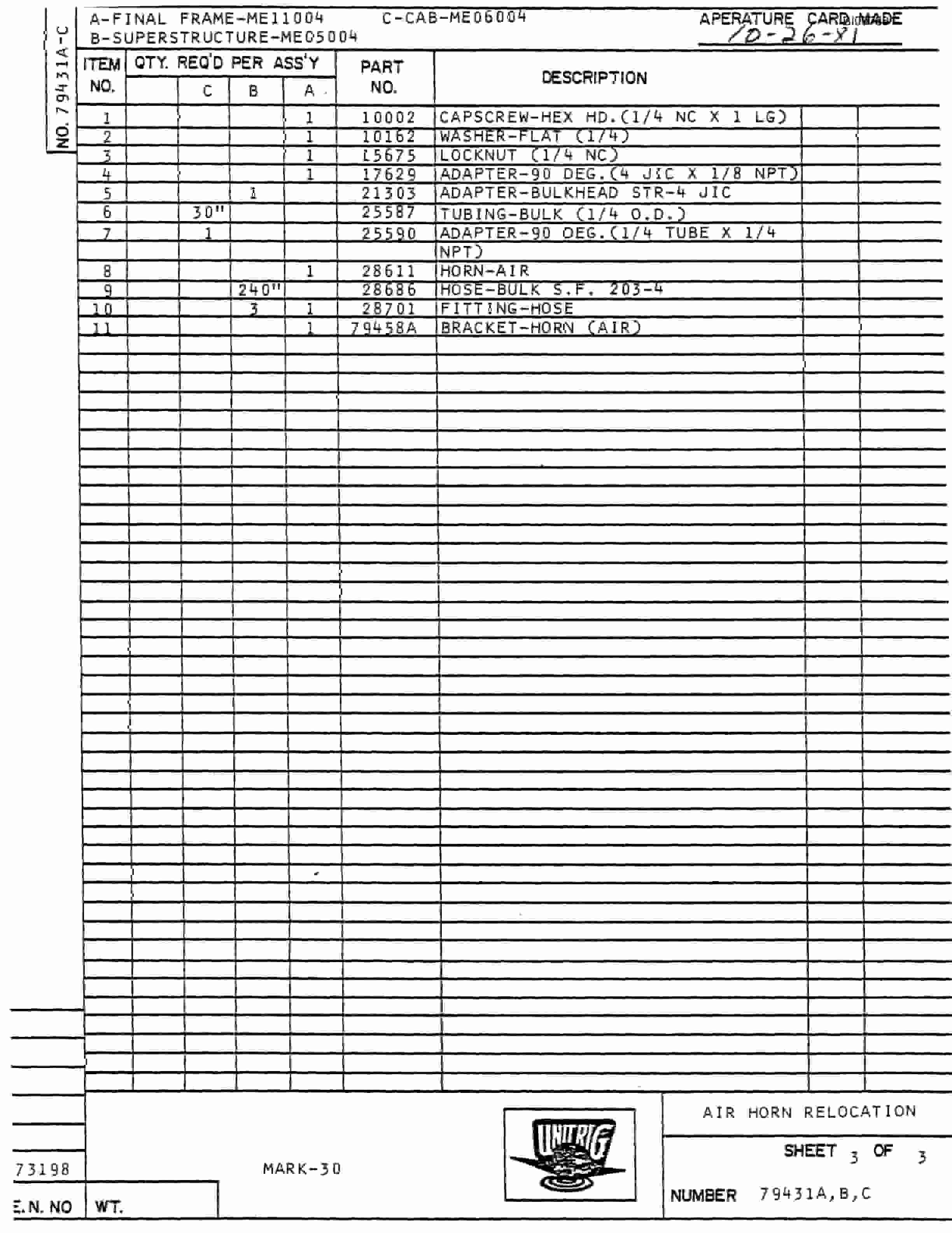 Bucyrus MK-30 Assembly Parts Catalog BI007881-3