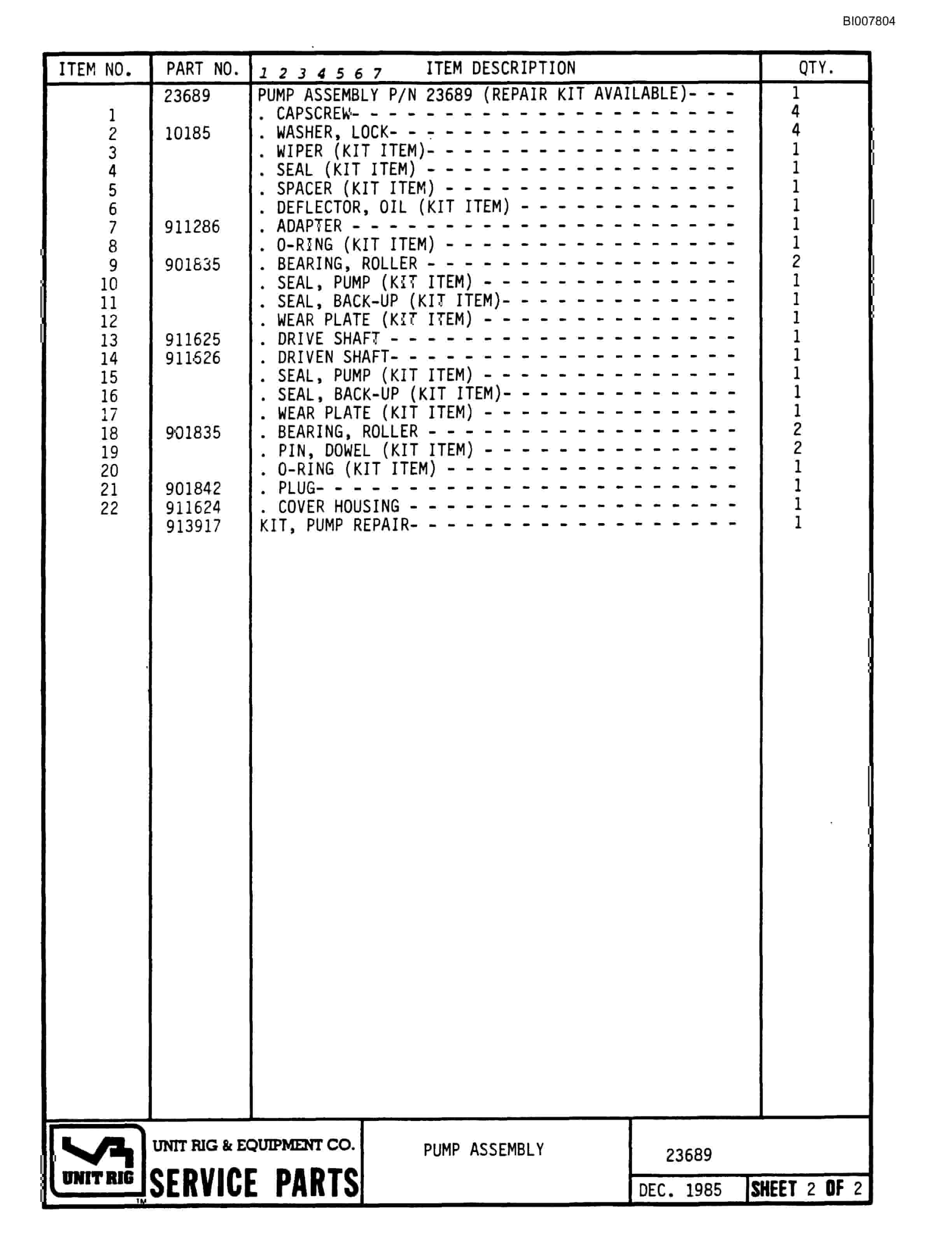 Bucyrus MK-36 Assembly Parts Catalog BI007804-5