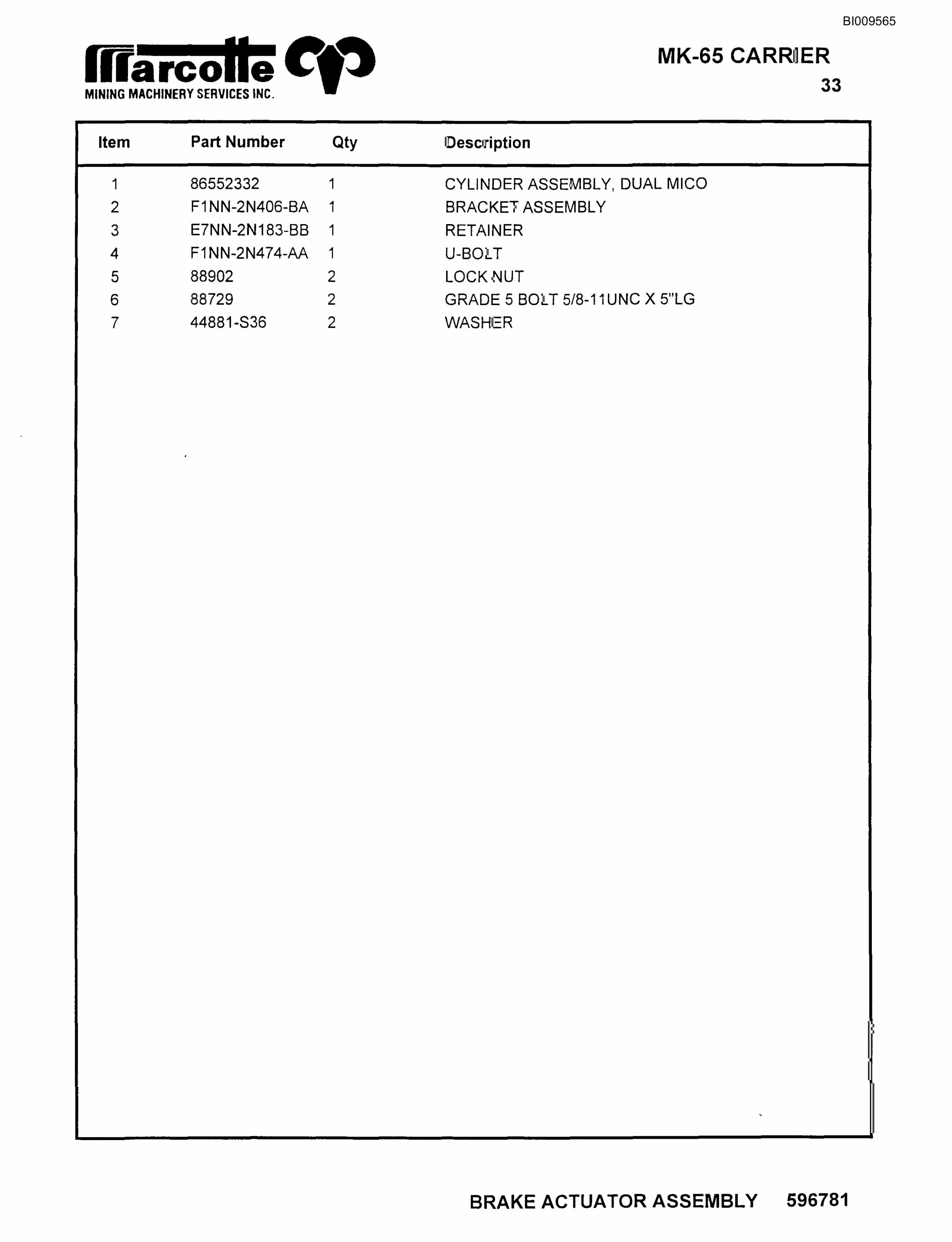Bucyrus MK-65 Jumbo Parts Catalog BI009565-3