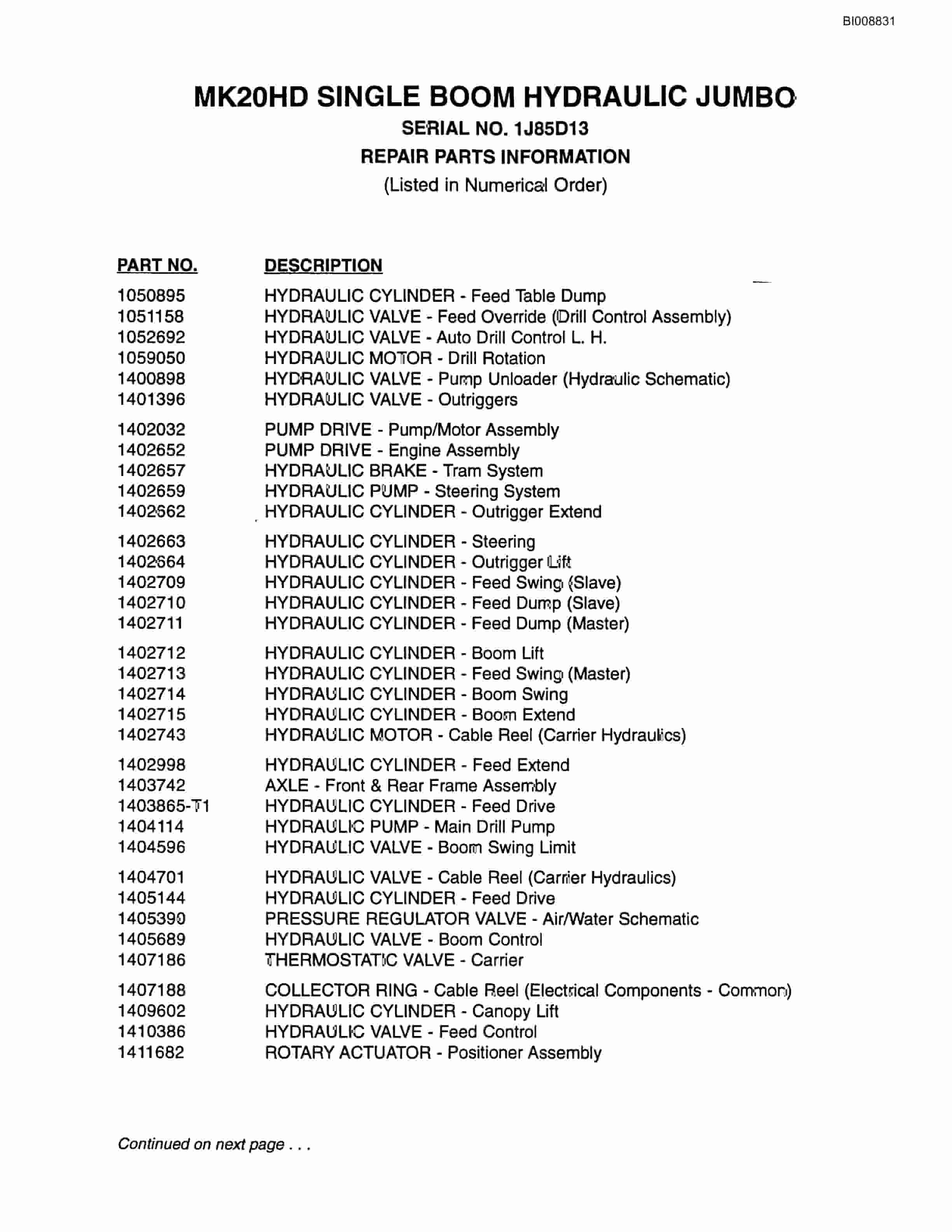 Bucyrus MK20HE Single Boom Hydraulic Jumbo Parts Catalog BI008831-2