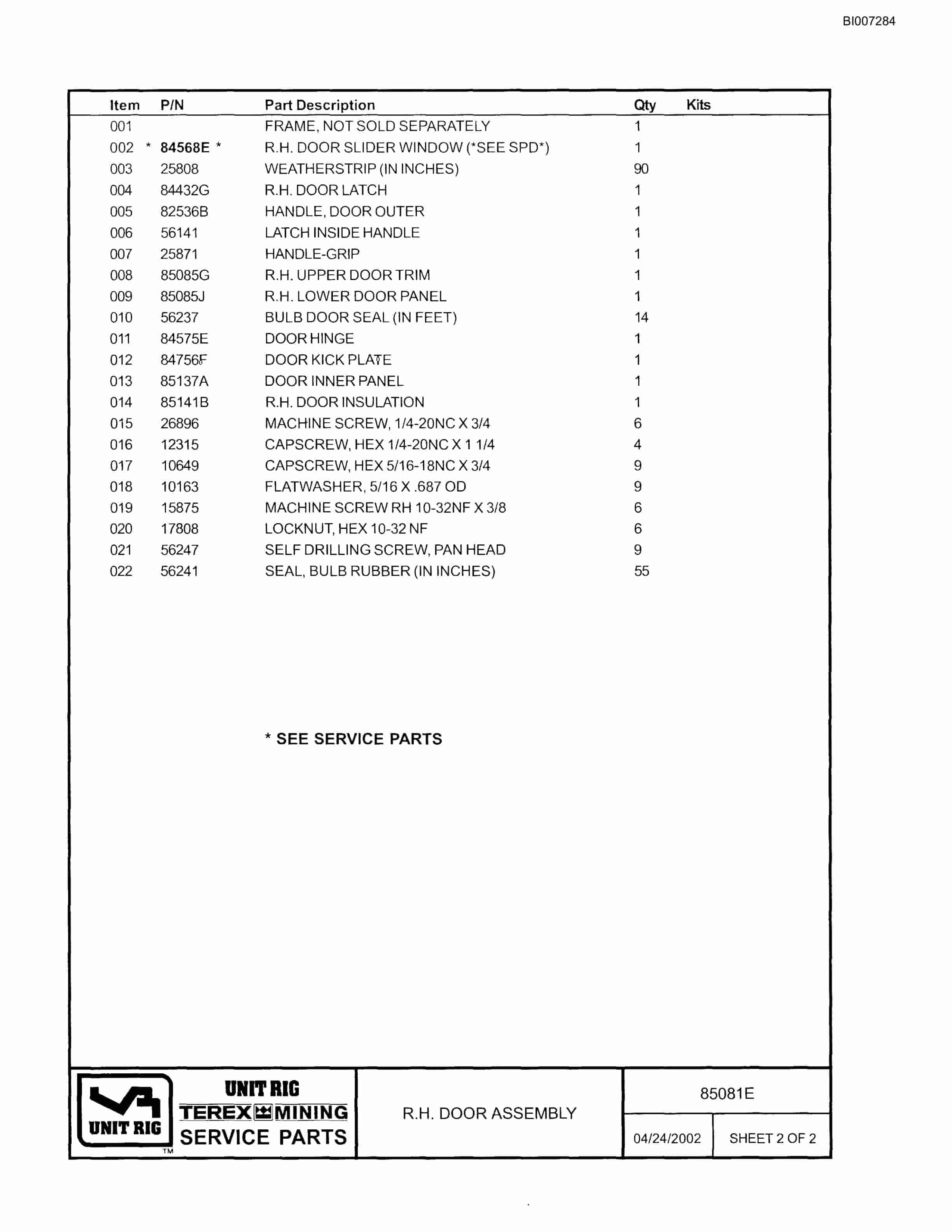 Bucyrus MT-3700AC Parts Catalog BI007284-5