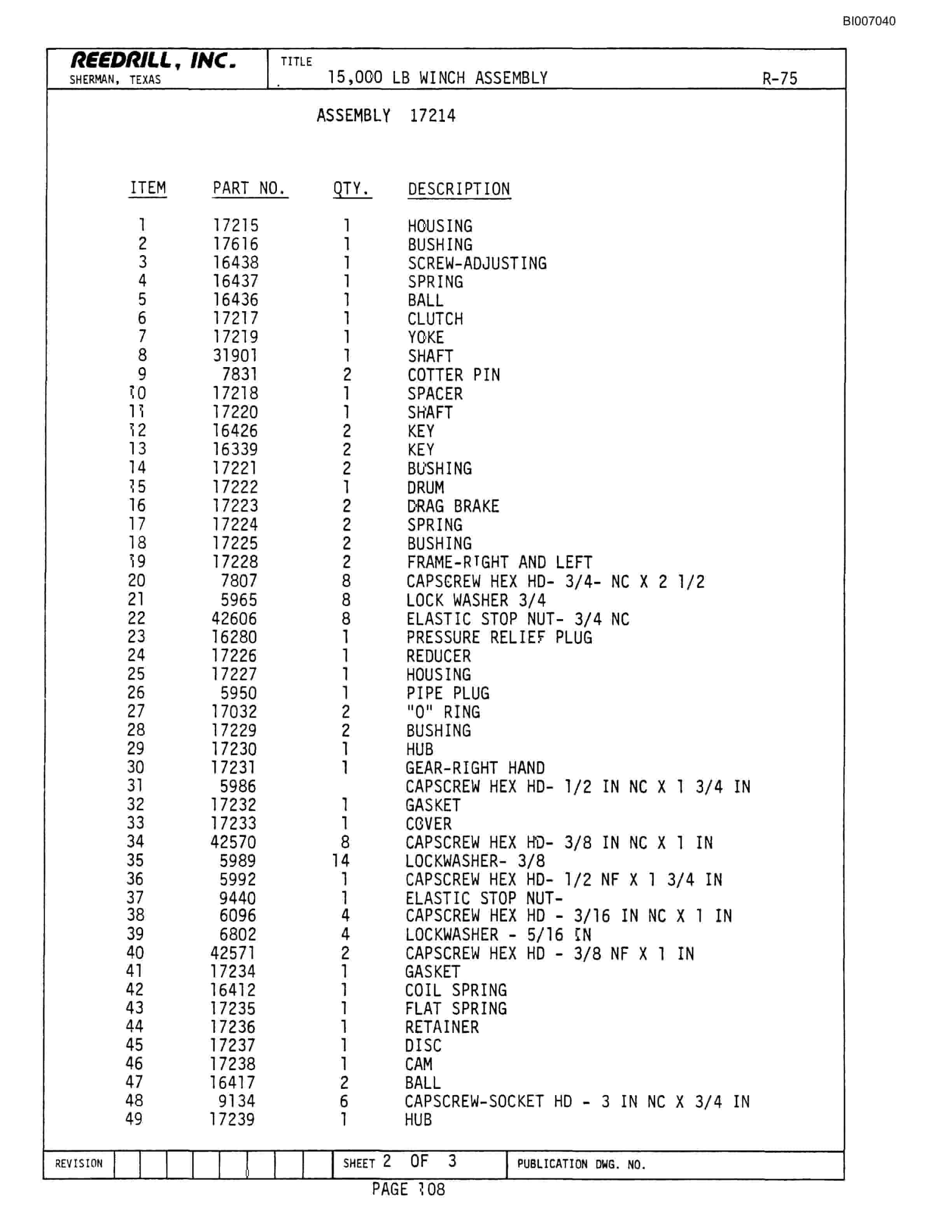 Bucyrus R-75 Parts Catalog BI007040-3