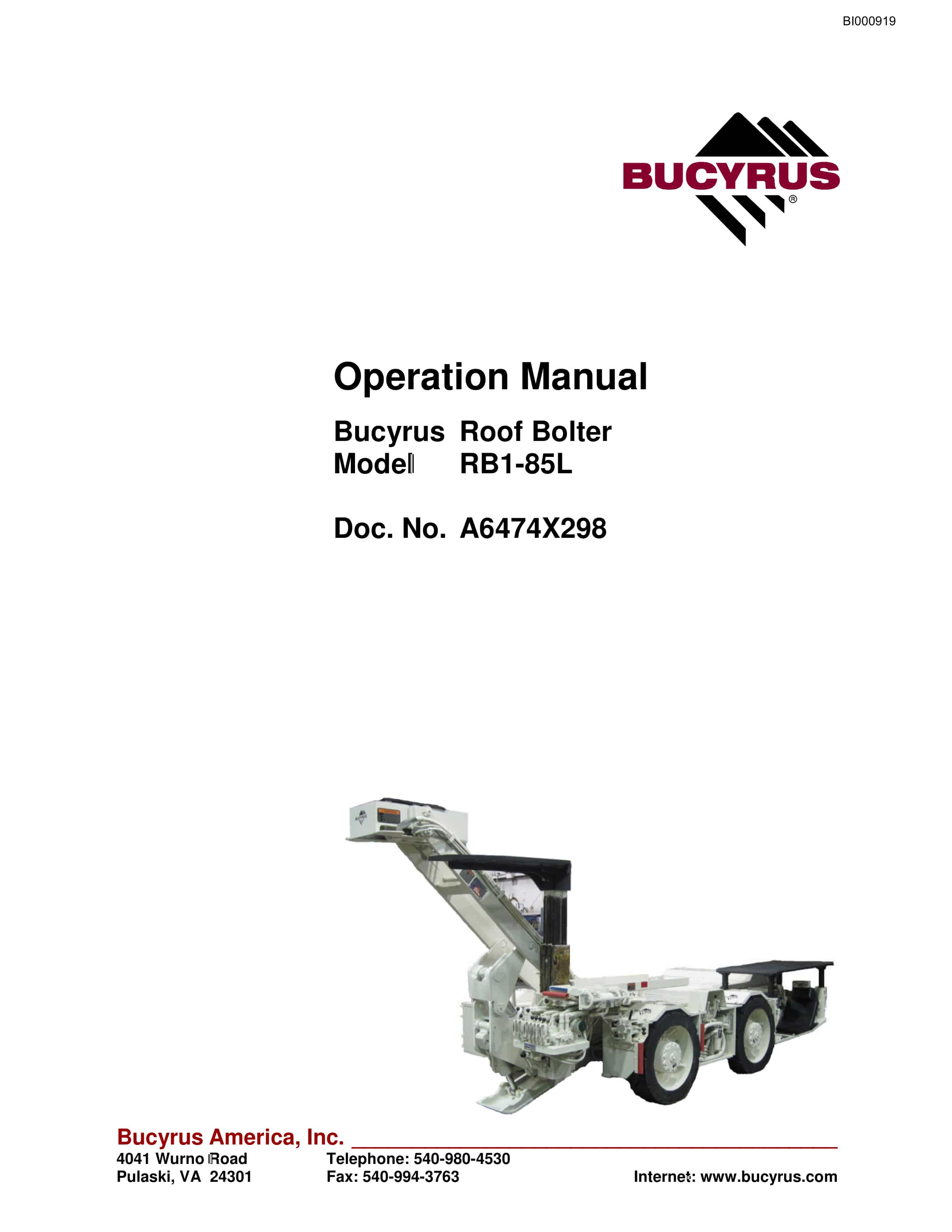Bucyrus RB1-85L Roof Bolter Operation Manual BI000919