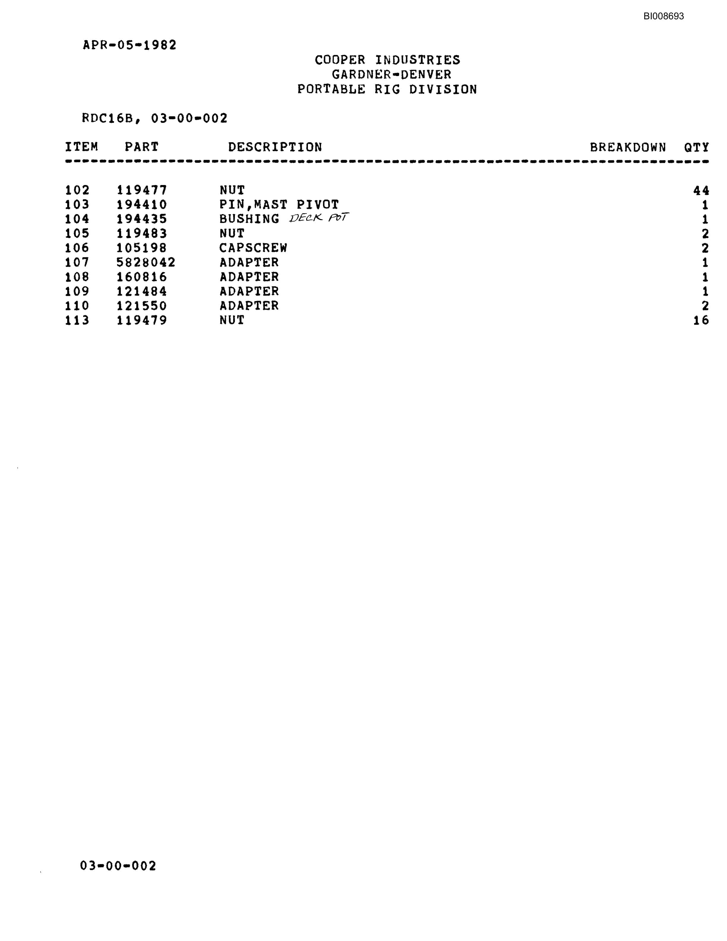 Bucyrus RDC-16 Blasthole Drill Parts Catalog BI008693-2