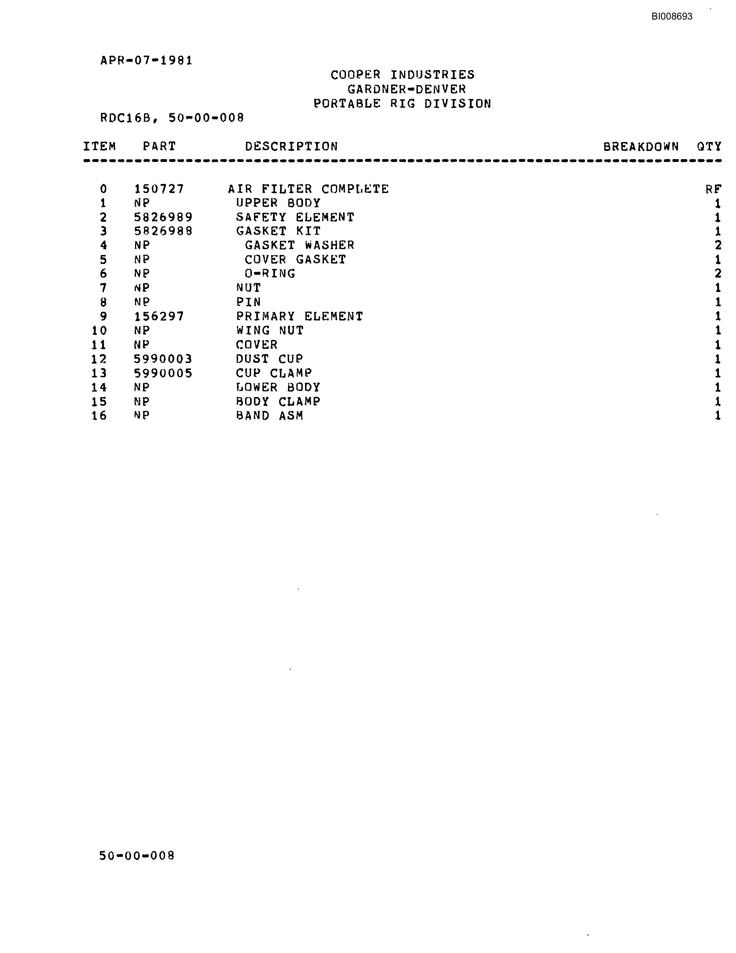 Bucyrus RDC-16 Blasthole Drill Parts Catalog BI008693-4