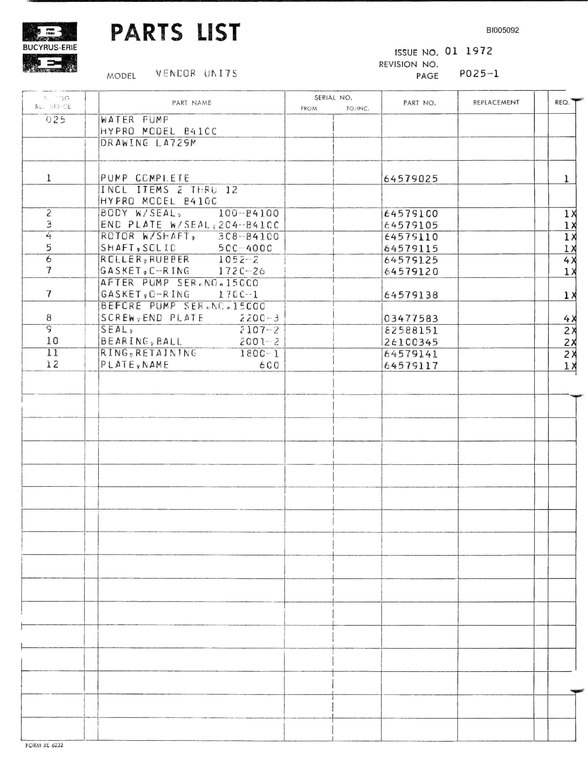 Bucyrus Rotary Drill Vendor Units Parts Catalog BI005092-2