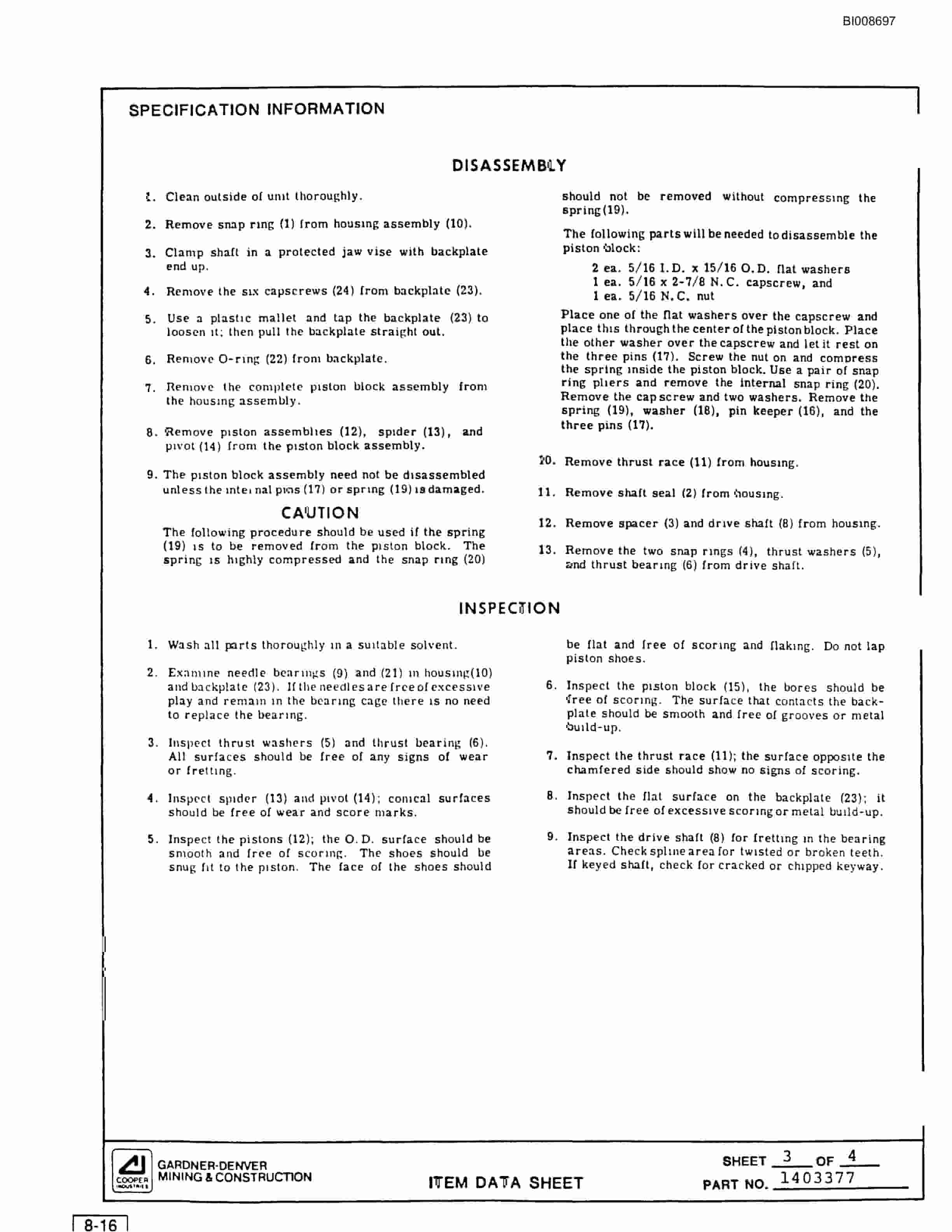 Bucyrus SCH2500 Self Contained Hydraulic Track Drill Parts Catalog BI008697-4