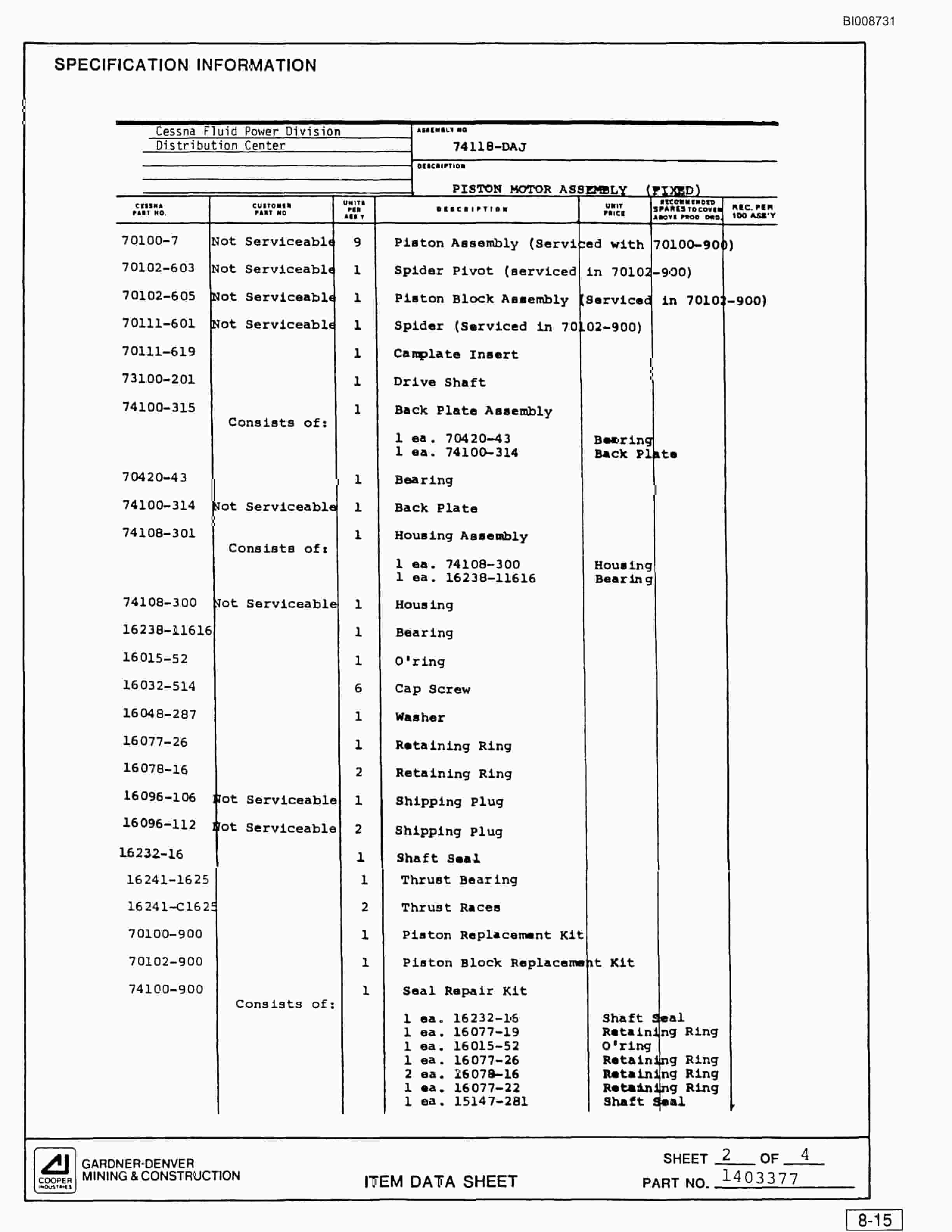 Bucyrus SCH2500 Self Contained Hydraulic Track Drill Parts Catalog BI008731-4