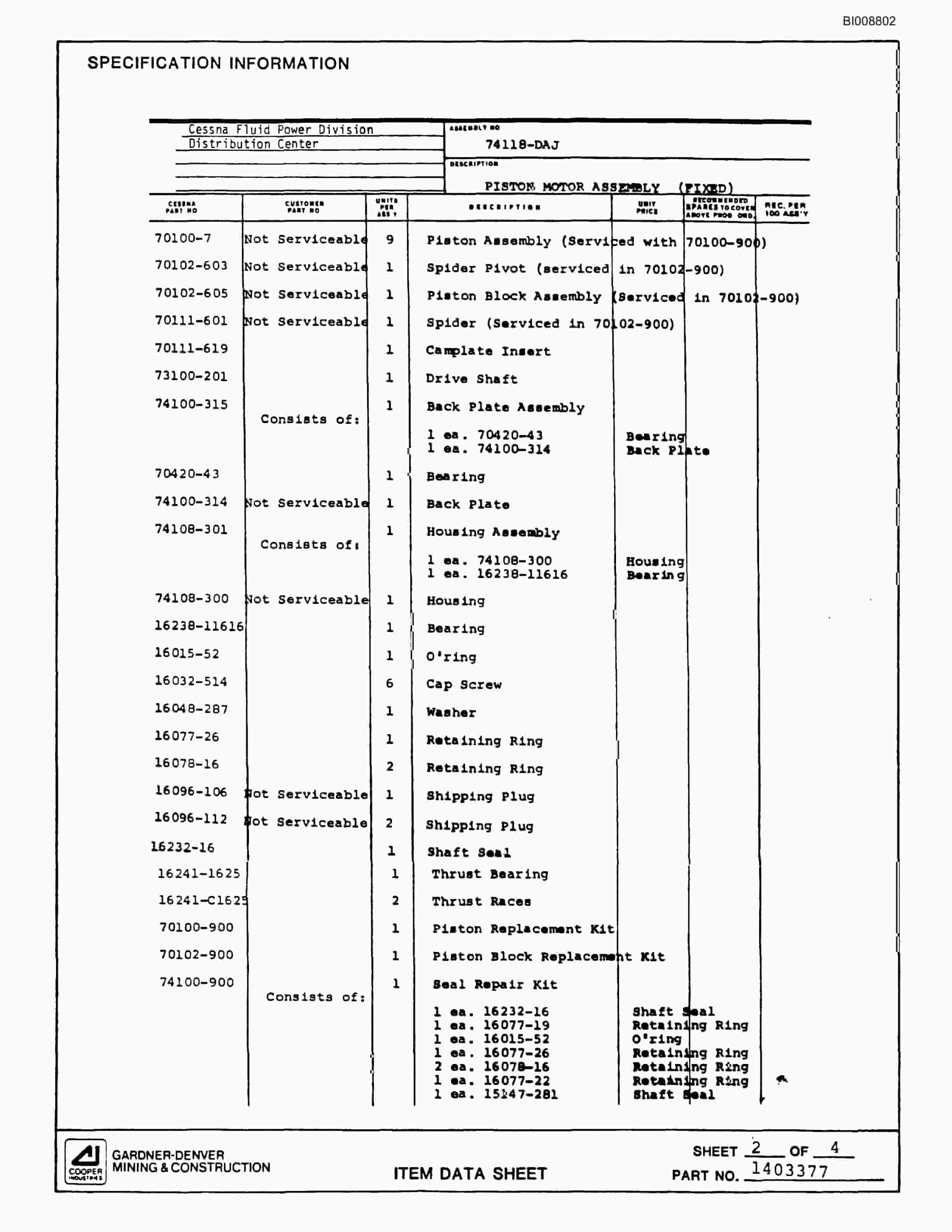 Bucyrus SCH2500 Self Contained Hydraulic Track Drill Parts Catalog BI008802-5