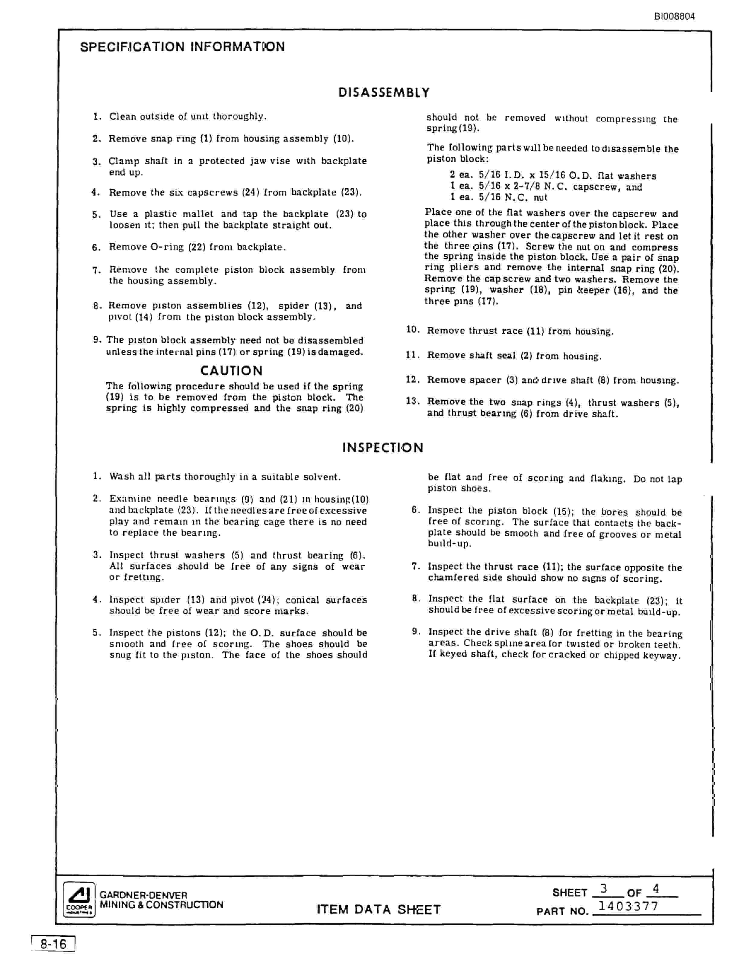 Bucyrus SCH2500 Self Contained Hydraulic Track Drill Parts Catalog BI008804-4