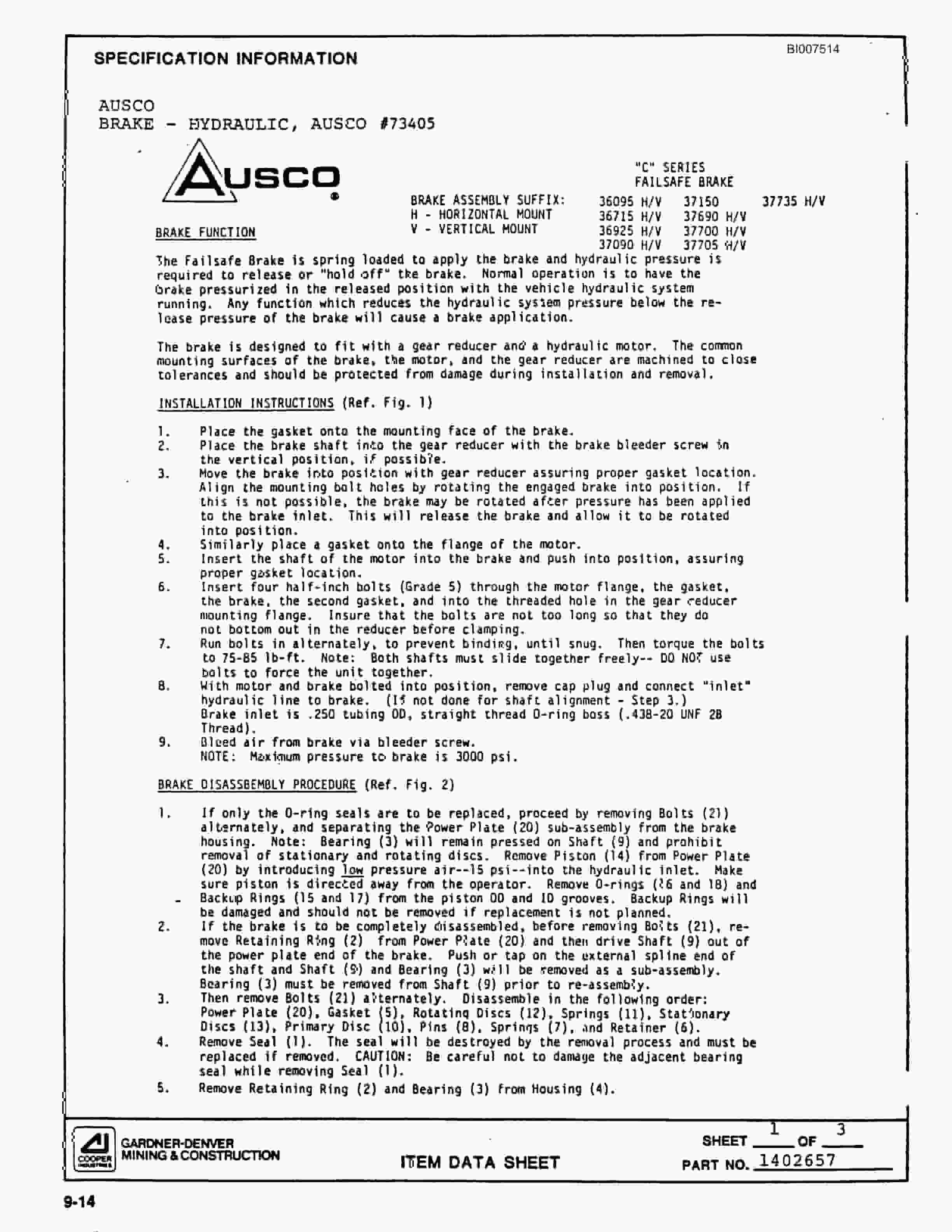 Bucyrus SCH3500 Self Contained Hydraulic Track Drill Parts Catalog BI007514-3