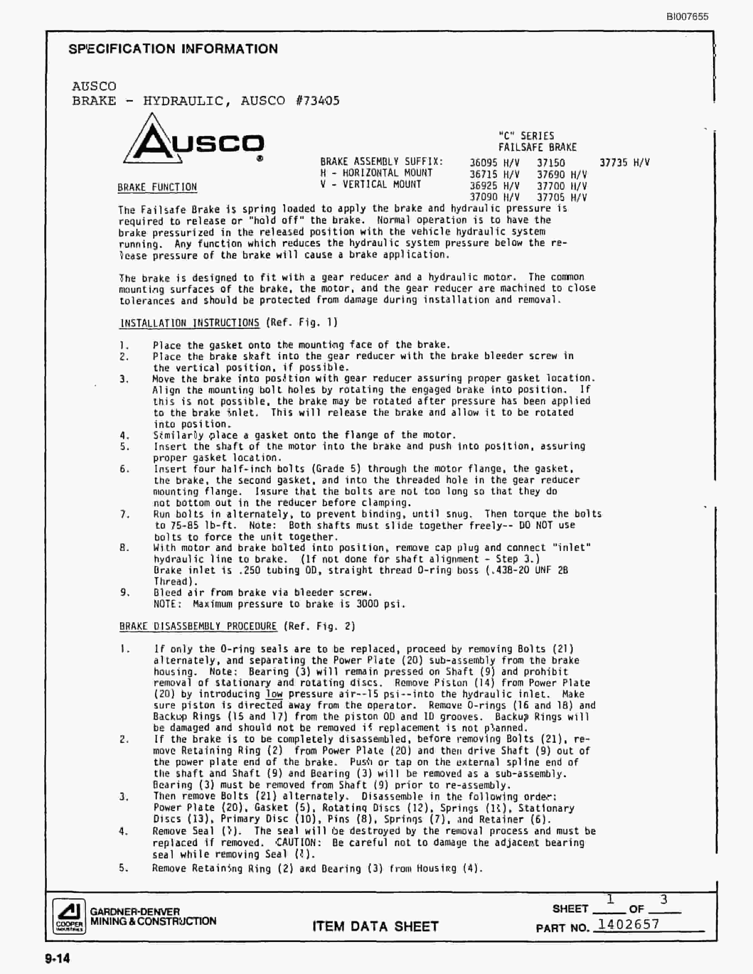 Bucyrus SCH3500 Self-Contained Hydraulic Track Drill Parts Catalog BI007655-3