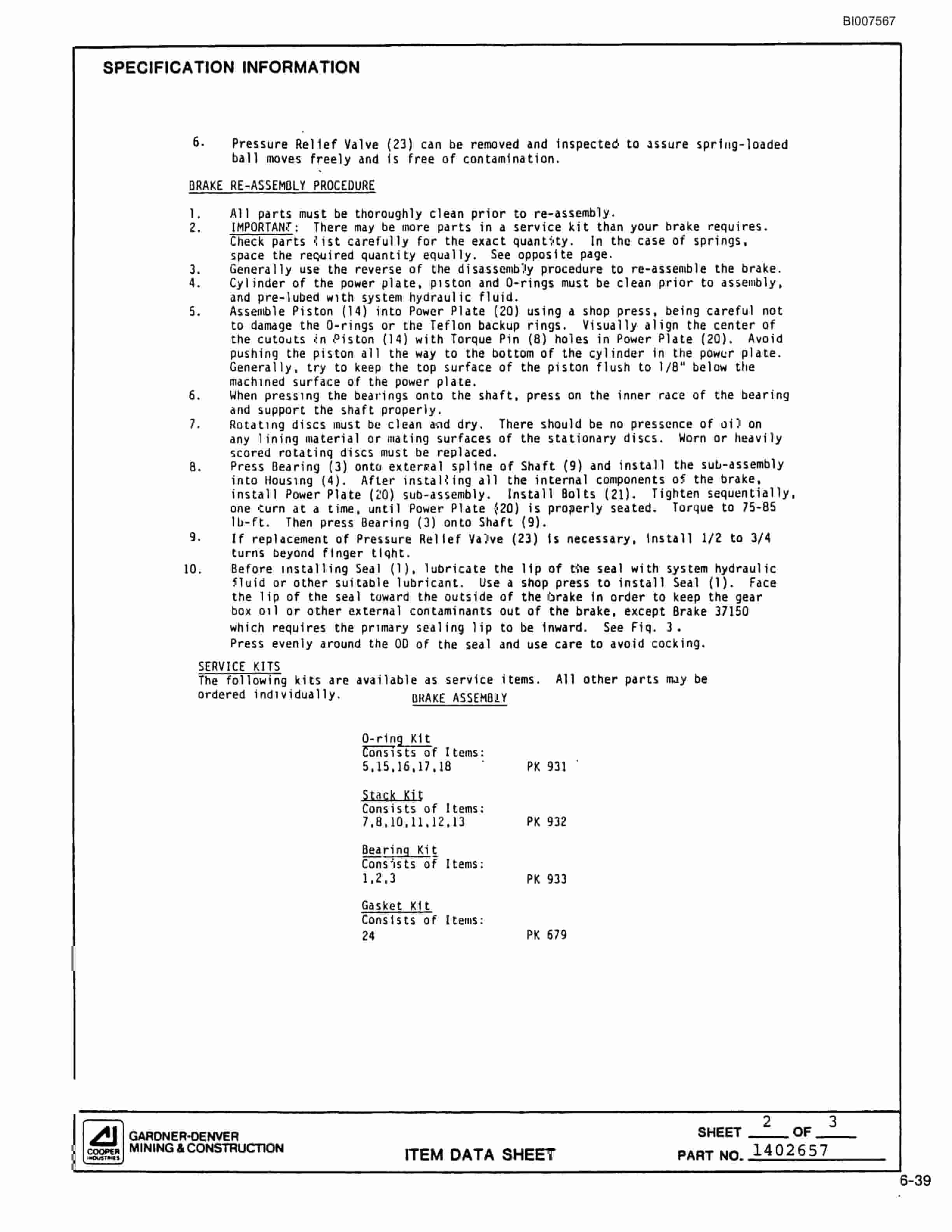 Bucyrus SCH3500BV All Hydraulic Drilling Package Parts Catalog BI007567-4