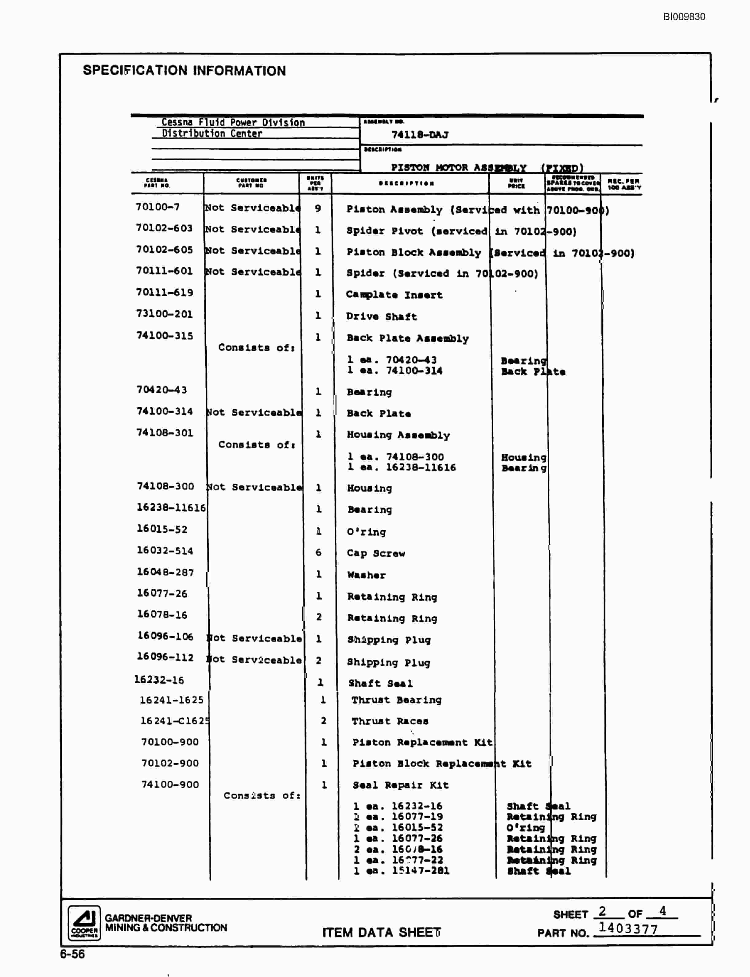Bucyrus SCH3500BV All-Hydraulic Drilling Package Parts Catalog BI009830-5