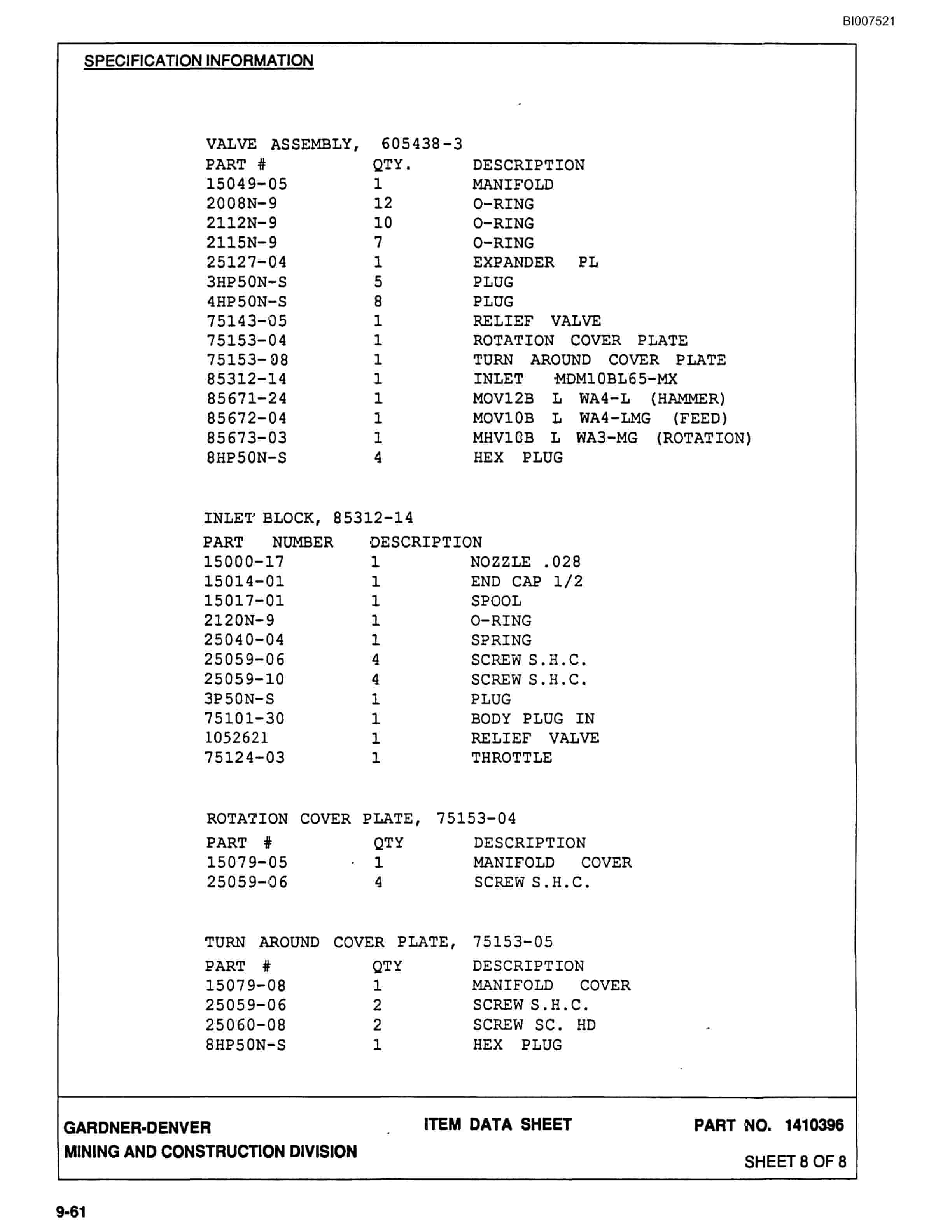 Bucyrus SCH3500BV1 Self Contained Hydraulic Track Drill Parts Catalog BI007521-4